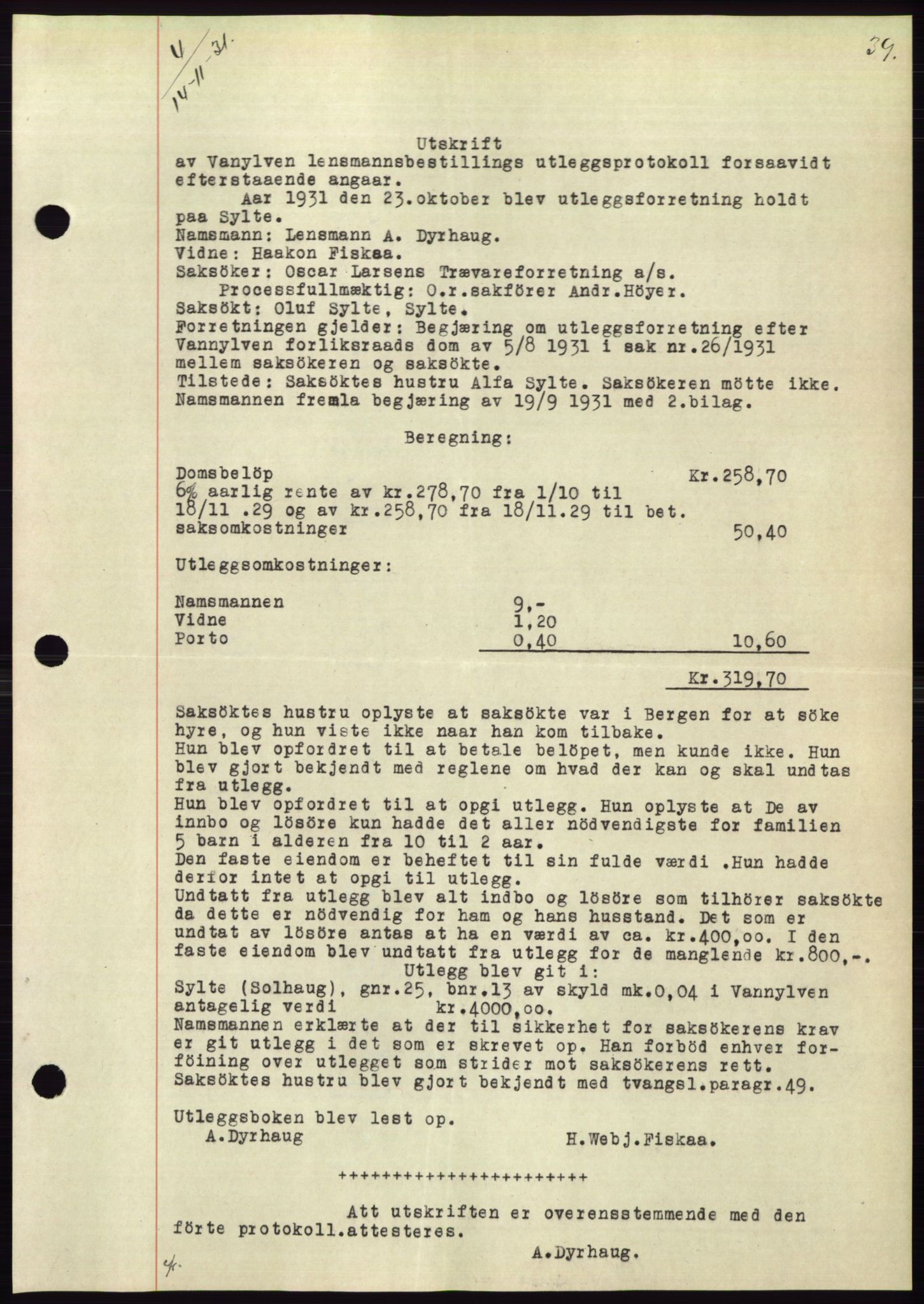 Søre Sunnmøre sorenskriveri, AV/SAT-A-4122/1/2/2C/L0053: Mortgage book no. 47, 1931-1932, Deed date: 14.11.1931