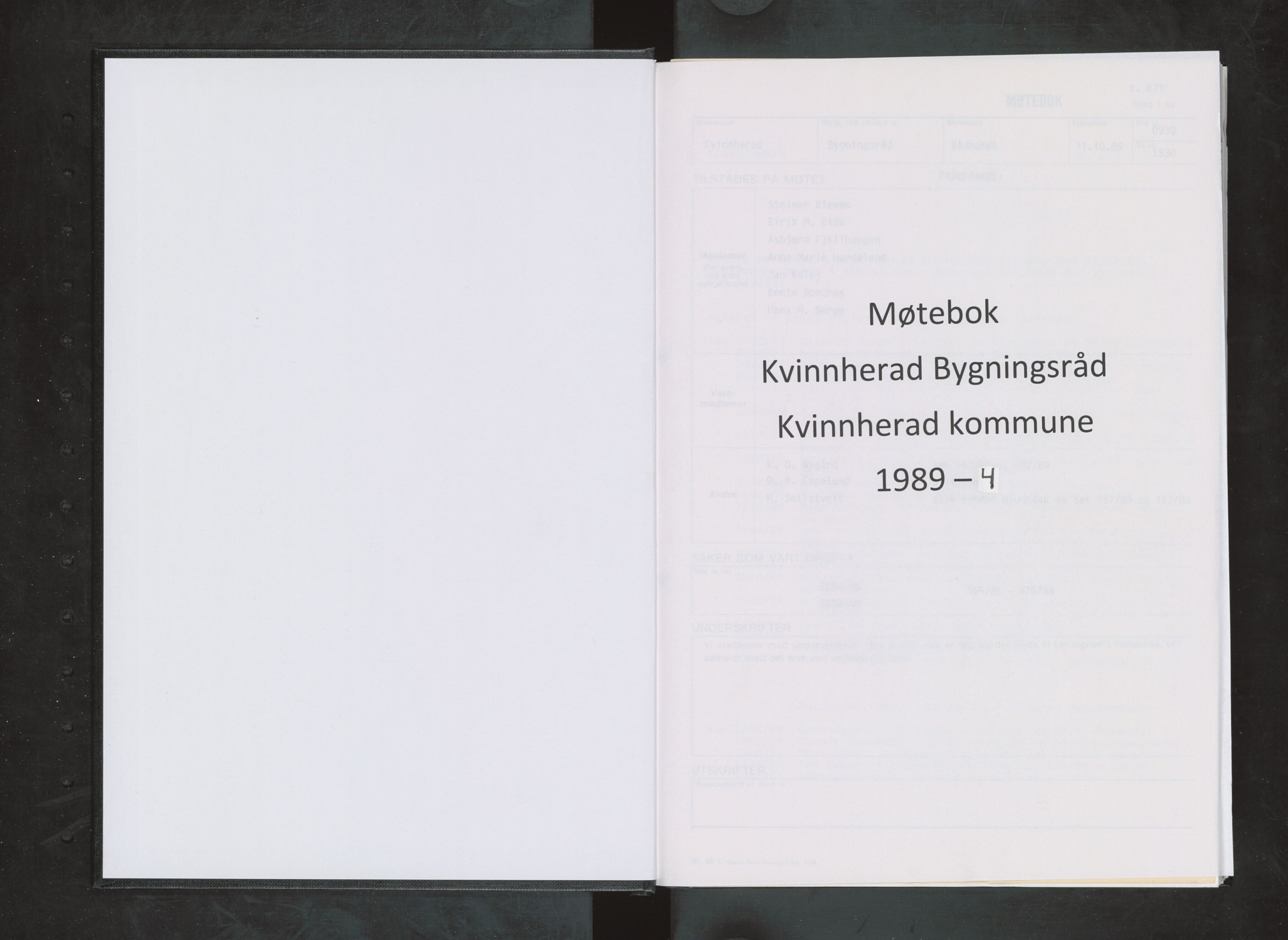 Kvinnherad kommune. Bygningsrådet , IKAH/1224-511/A/Aa/L0062: Møtebok for Kvinnherad bygningsråd, 1989