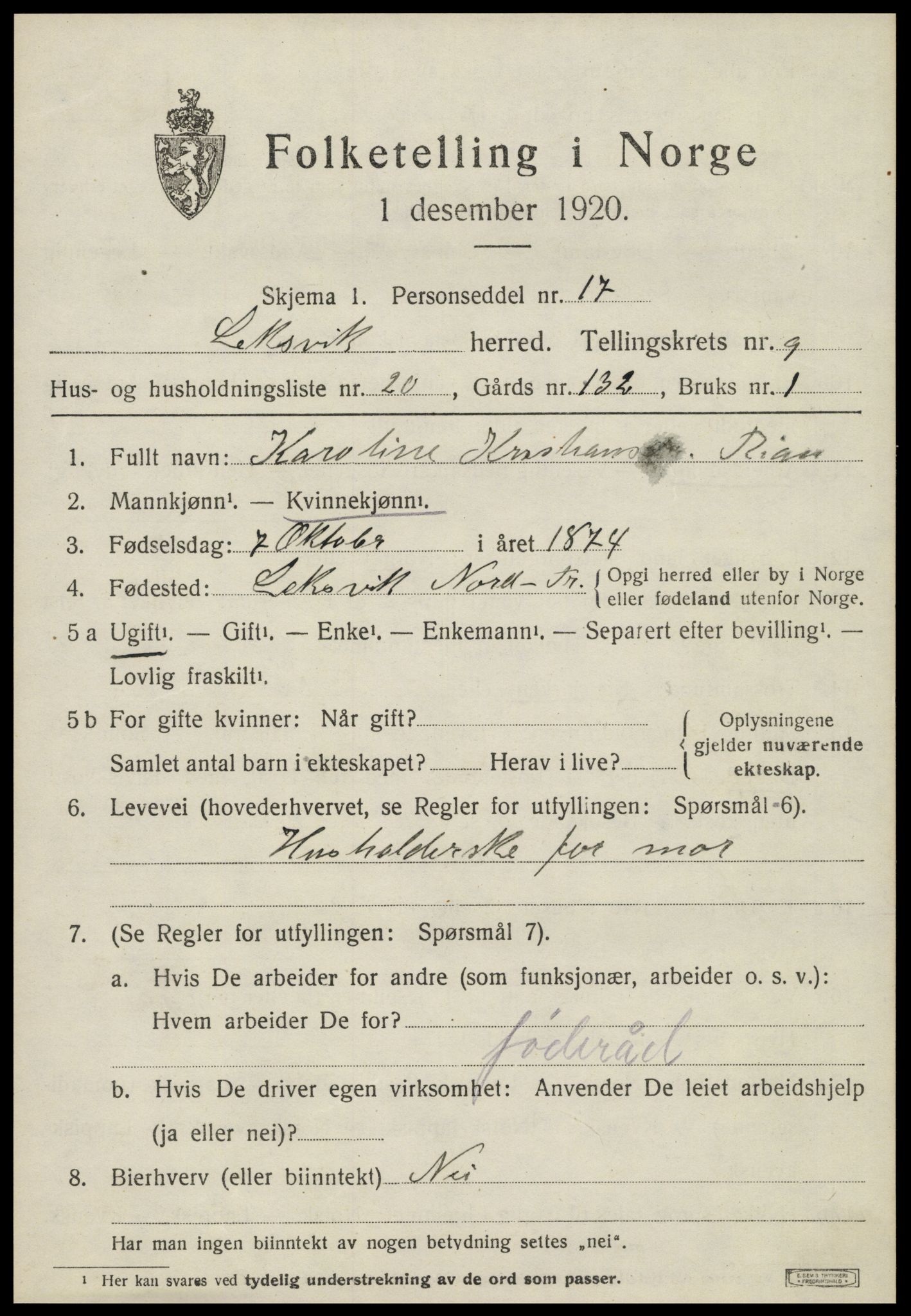 SAT, 1920 census for Leksvik, 1920, p. 7188