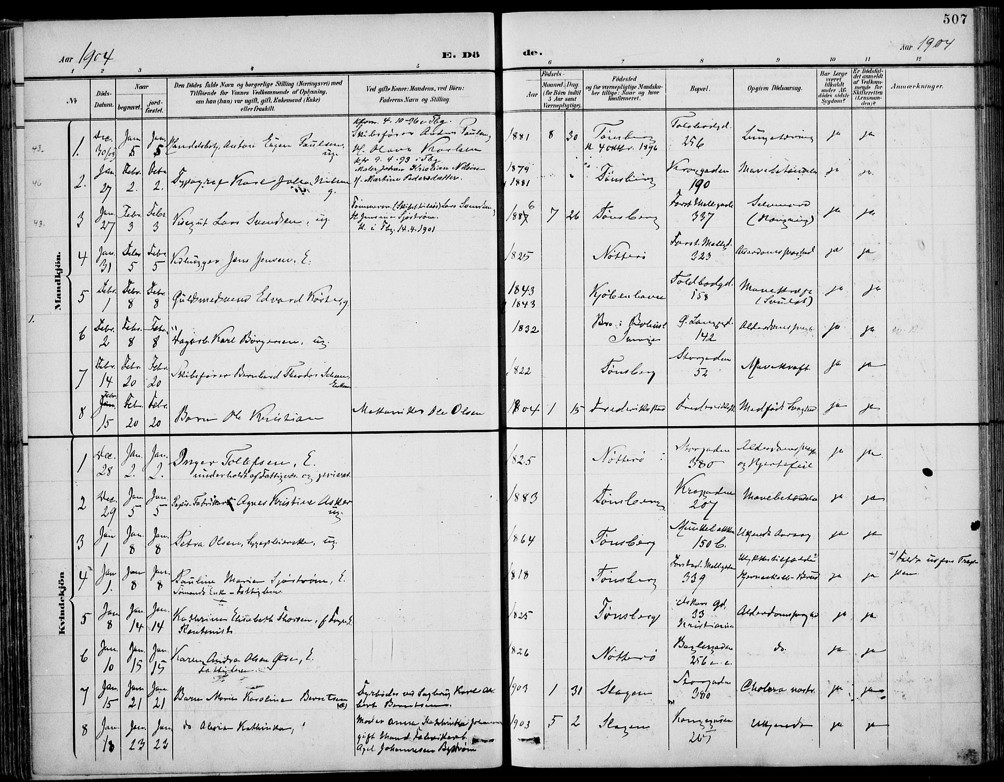 Tønsberg kirkebøker, AV/SAKO-A-330/F/Fa/L0013: Parish register (official) no. I 13, 1900-1913, p. 507