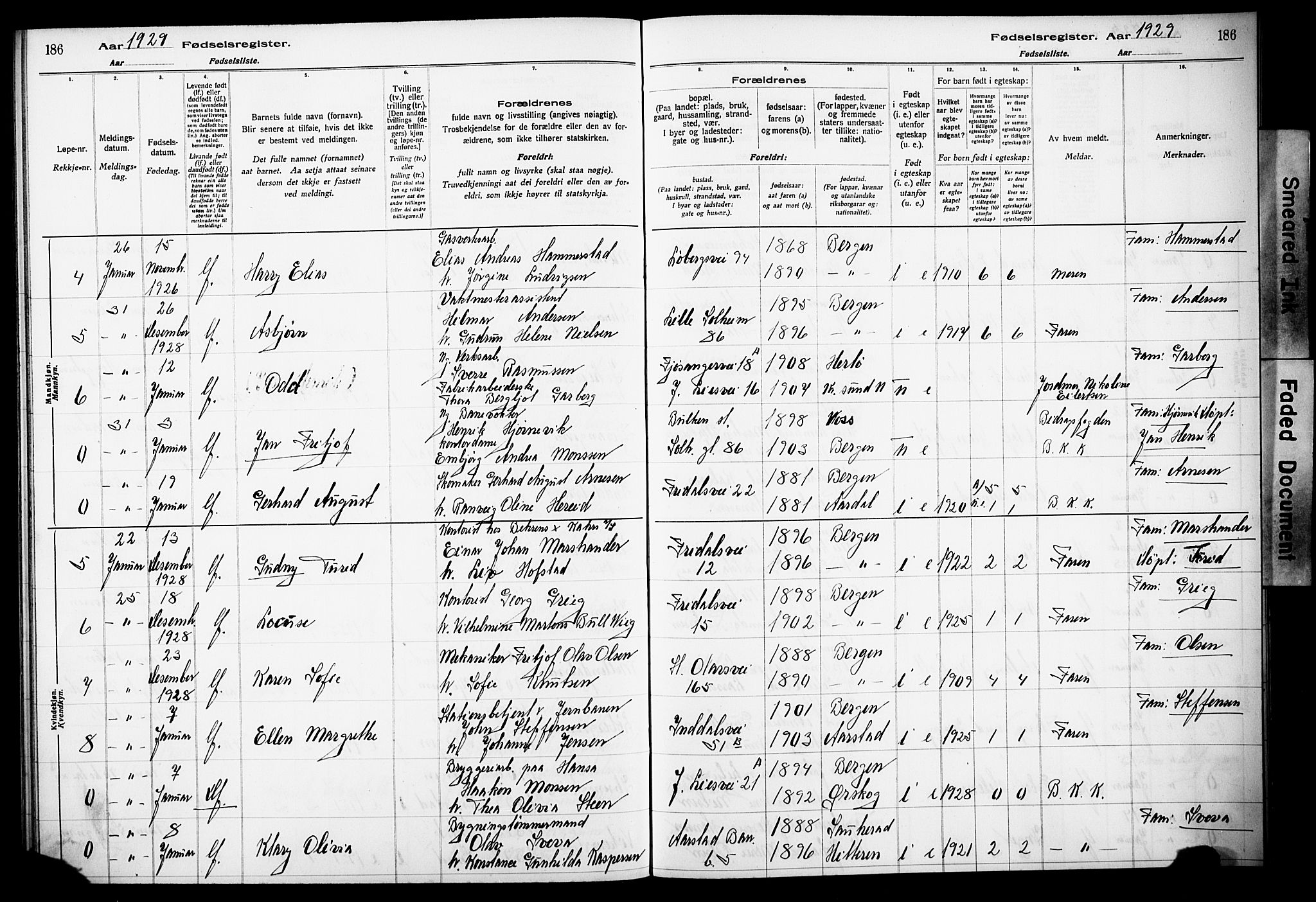 Årstad Sokneprestembete, AV/SAB-A-79301/I/Id/L0A03: Birth register no. A 3, 1924-1929, p. 186