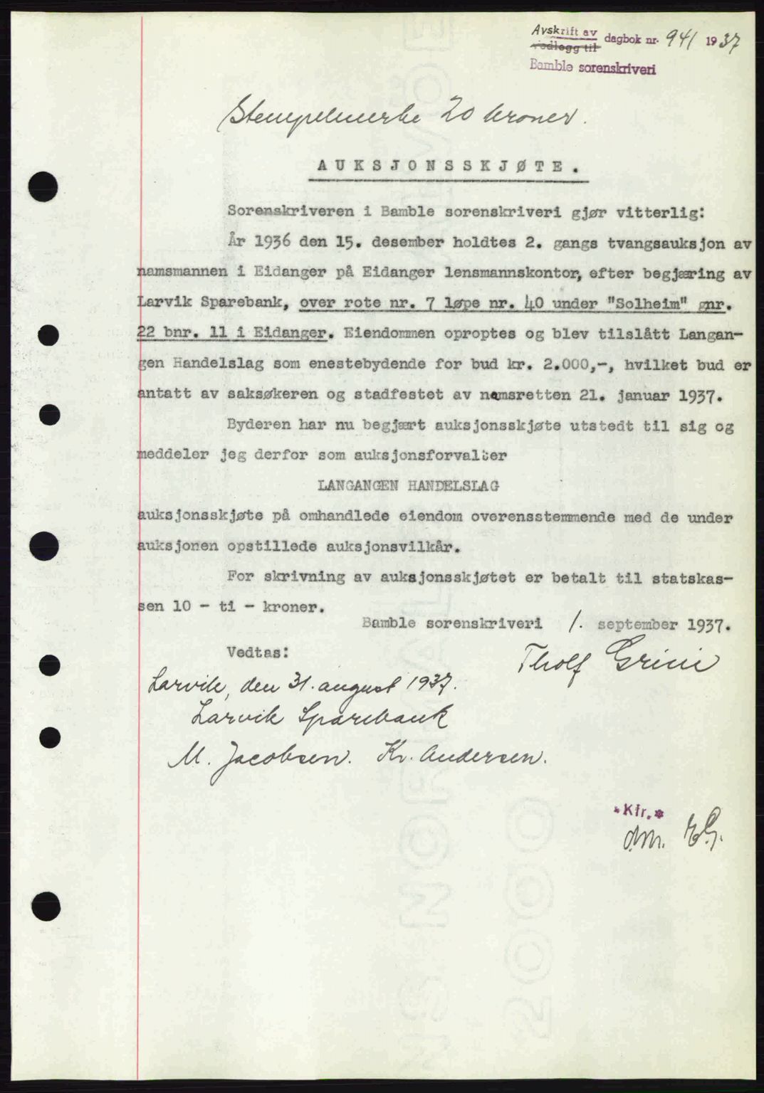 Bamble sorenskriveri, AV/SAKO-A-214/G/Ga/Gag/L0002: Mortgage book no. A-2, 1937-1938, Diary no: : 941/1937