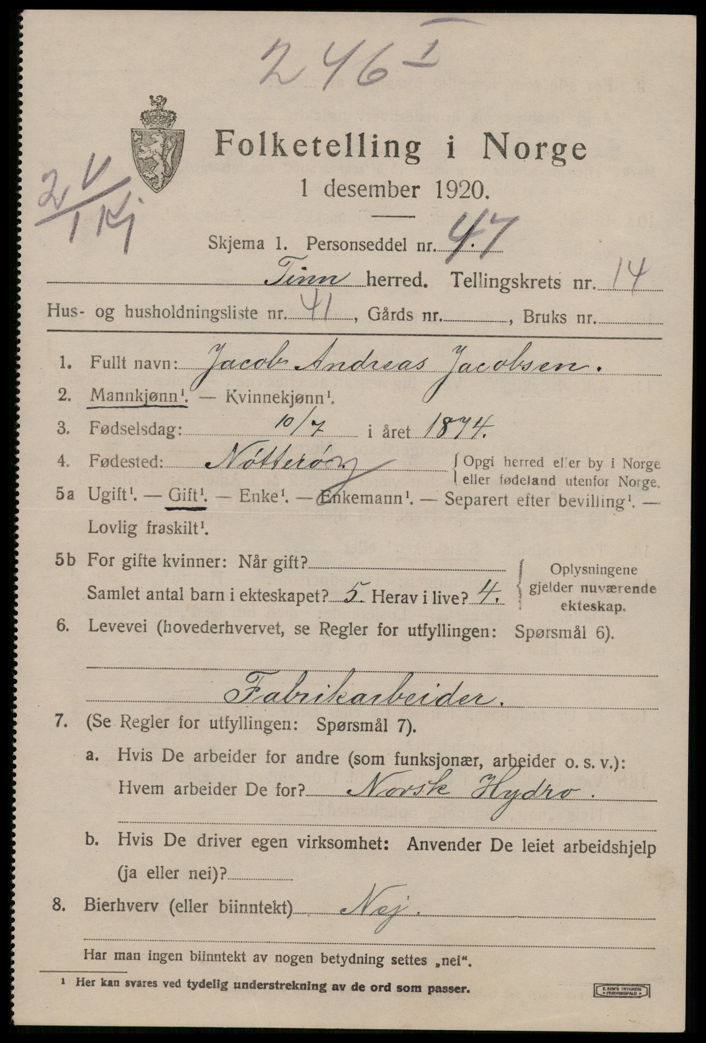 SAKO, 1920 census for Tinn, 1920, p. 9896
