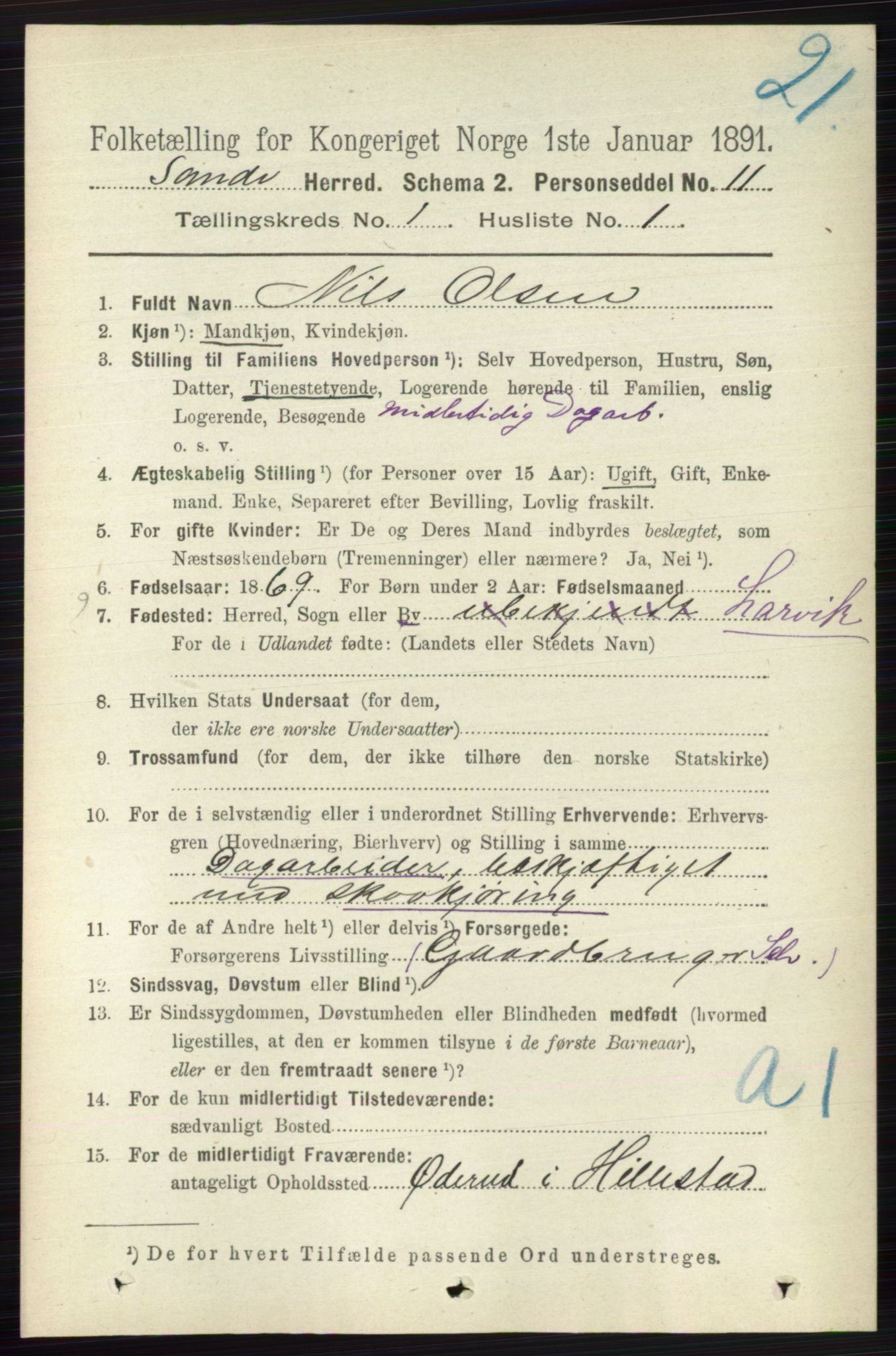 RA, 1891 census for 0713 Sande, 1891, p. 103