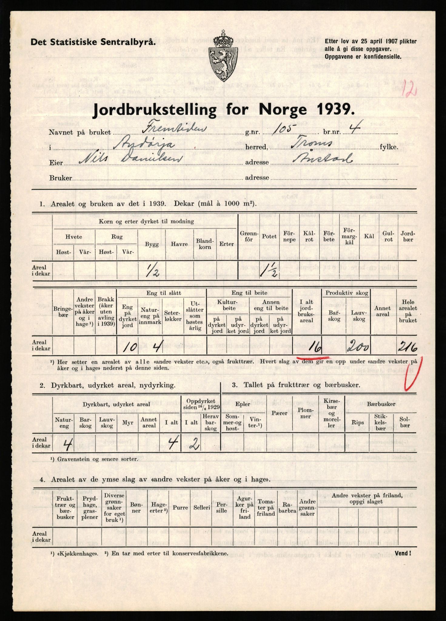 Statistisk sentralbyrå, Næringsøkonomiske emner, Jordbruk, skogbruk, jakt, fiske og fangst, AV/RA-S-2234/G/Gb/L0339: Troms: Andørja, Astafjord og Lavangen, 1939, p. 504