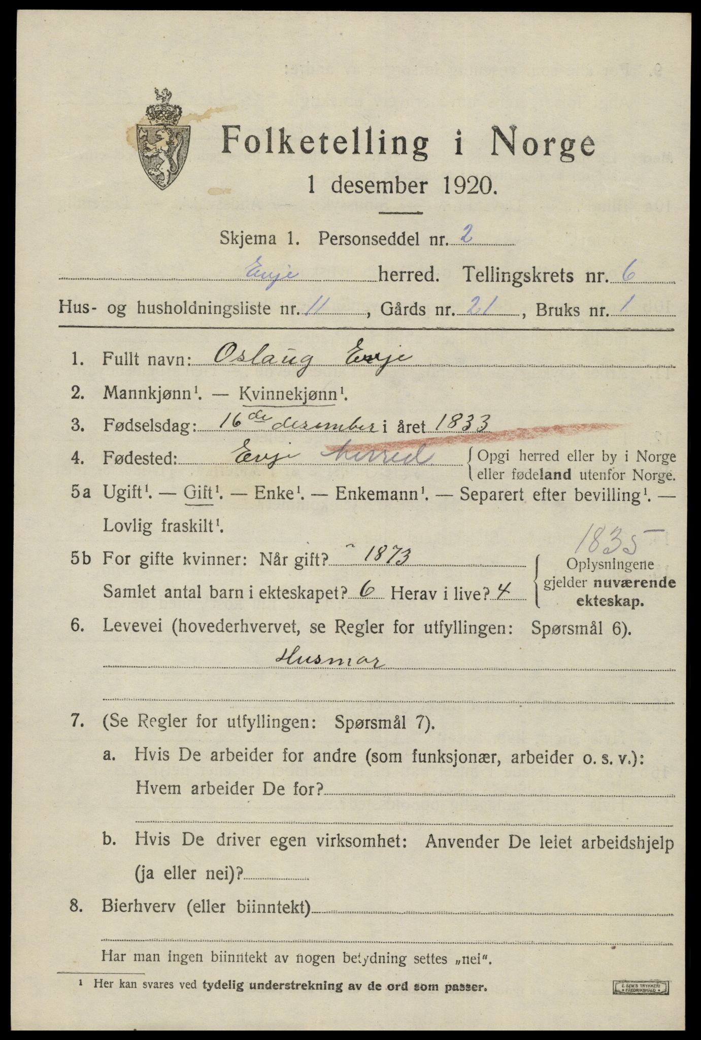 SAK, 1920 census for Evje, 1920, p. 2238