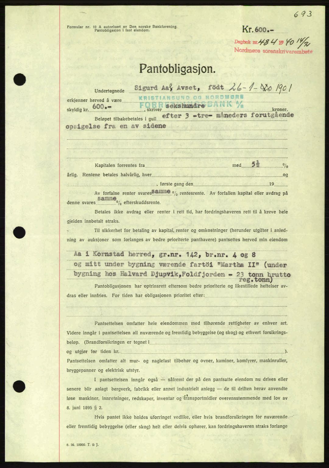 Nordmøre sorenskriveri, AV/SAT-A-4132/1/2/2Ca: Mortgage book no. B86, 1939-1940, Diary no: : 484/1940