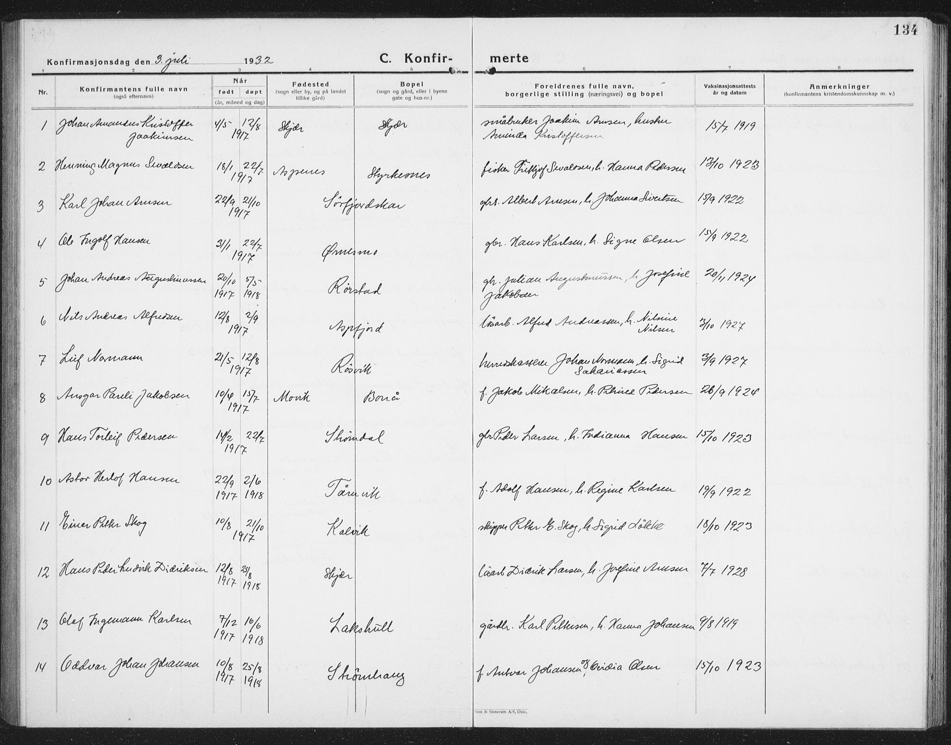 Ministerialprotokoller, klokkerbøker og fødselsregistre - Nordland, AV/SAT-A-1459/854/L0788: Parish register (copy) no. 854C04, 1926-1940, p. 134