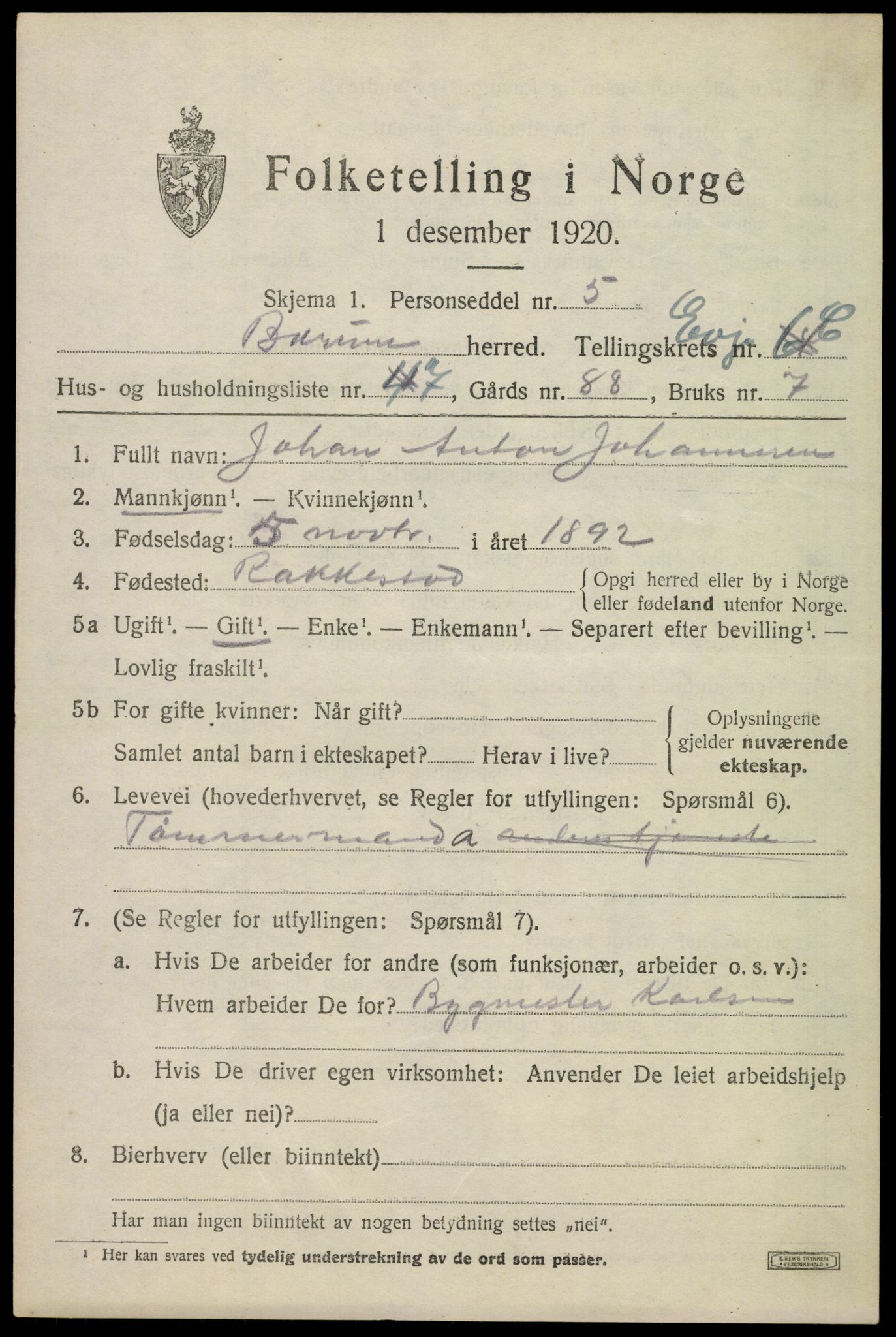 SAO, 1920 census for Bærum, 1920, p. 15638