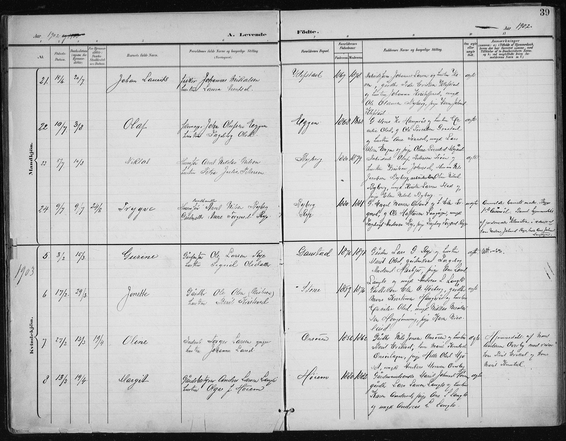 Ministerialprotokoller, klokkerbøker og fødselsregistre - Sør-Trøndelag, AV/SAT-A-1456/612/L0380: Parish register (official) no. 612A12, 1898-1907, p. 39