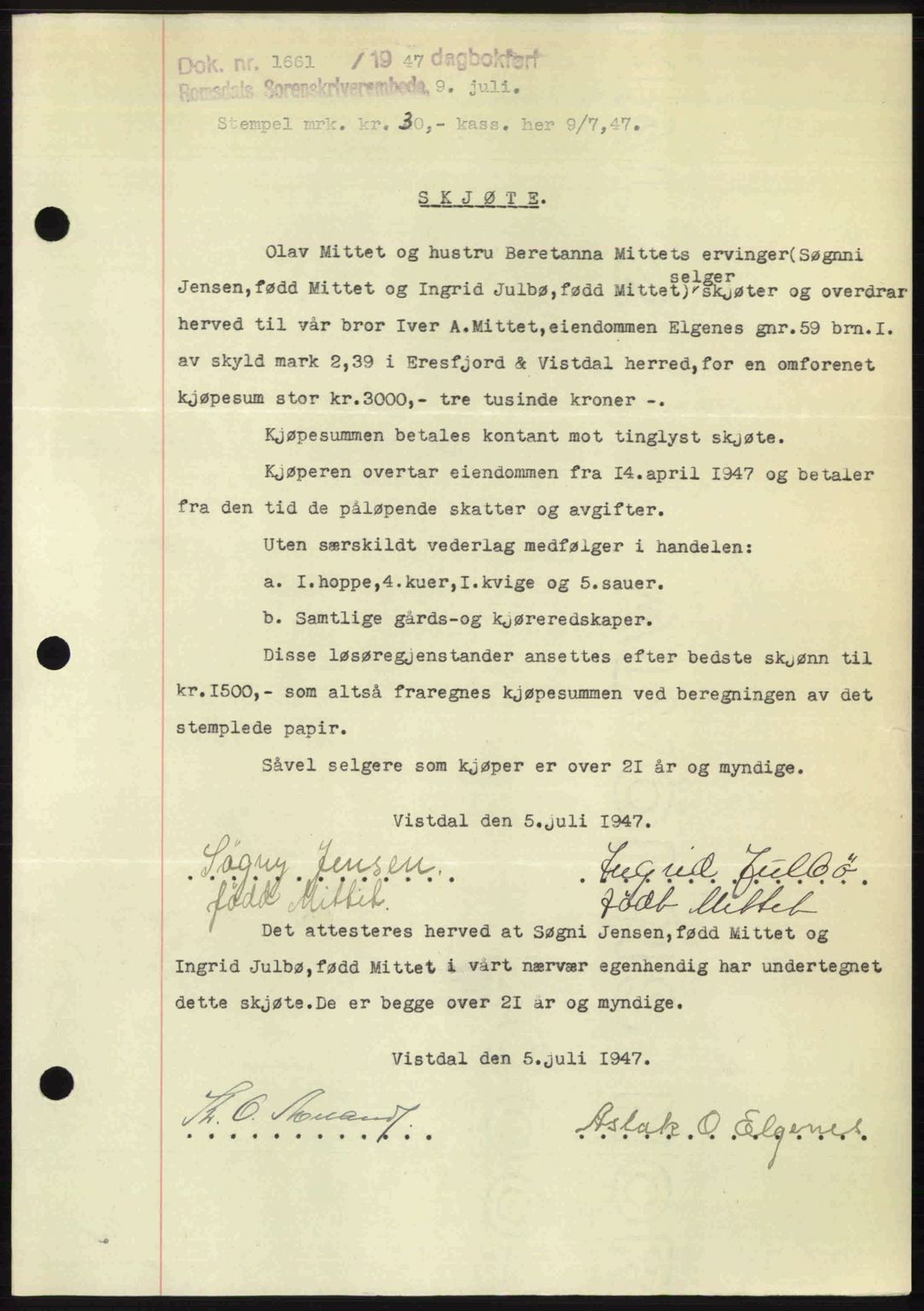 Romsdal sorenskriveri, AV/SAT-A-4149/1/2/2C: Mortgage book no. A23, 1947-1947, Diary no: : 1661/1947