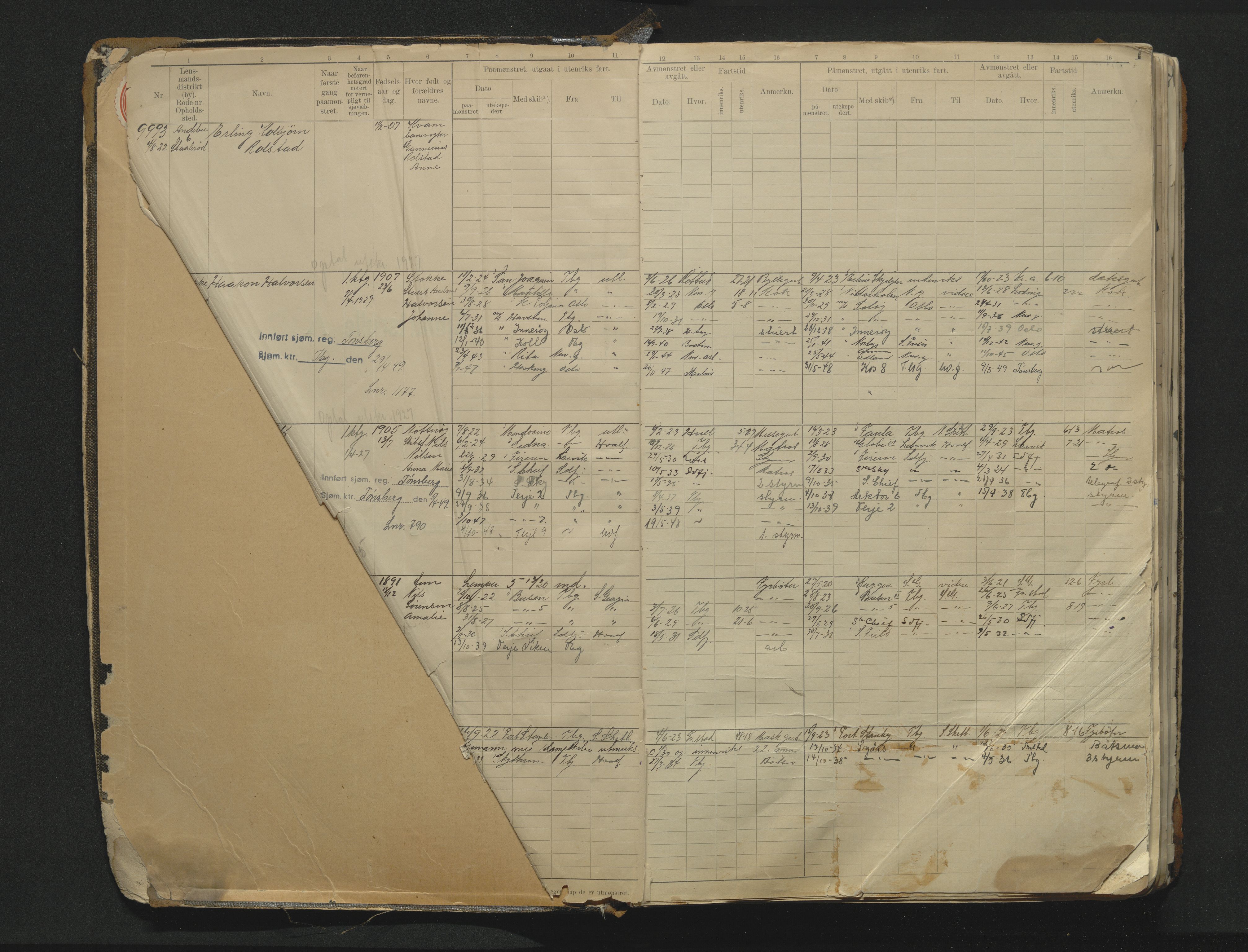 Tønsberg innrulleringskontor, SAKO/A-786/F/Fc/Fca/L0012: Hovedrulle Patent nr. 9993-11479, 1922-1928, p. 1