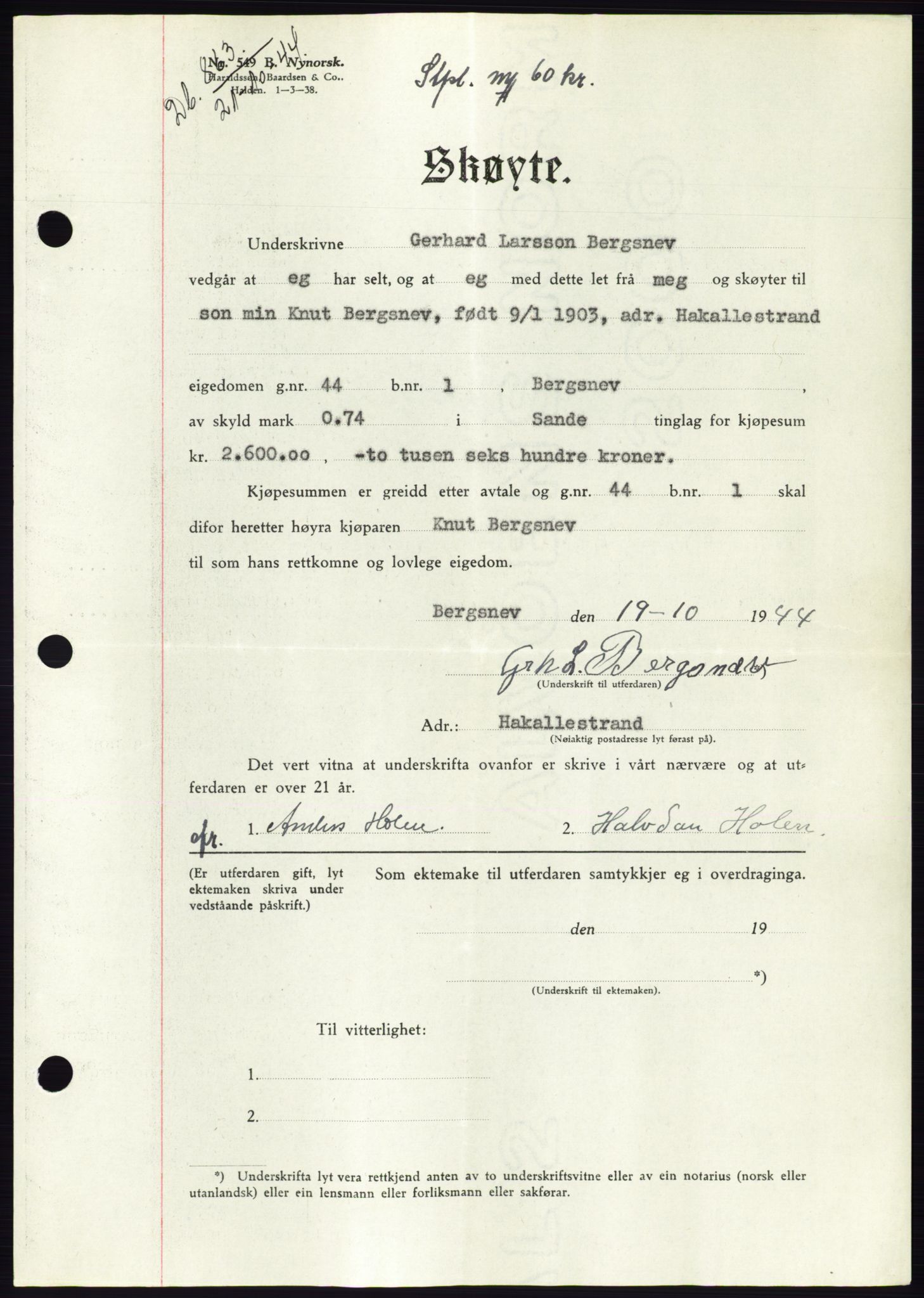 Søre Sunnmøre sorenskriveri, AV/SAT-A-4122/1/2/2C/L0076: Mortgage book no. 2A, 1943-1944, Diary no: : 863/1944