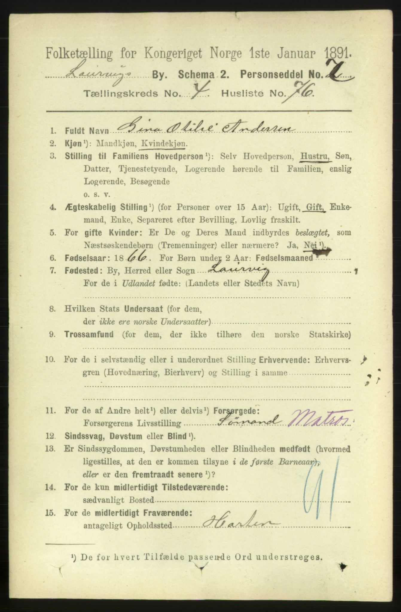 RA, 1891 census for 0707 Larvik, 1891, p. 5985