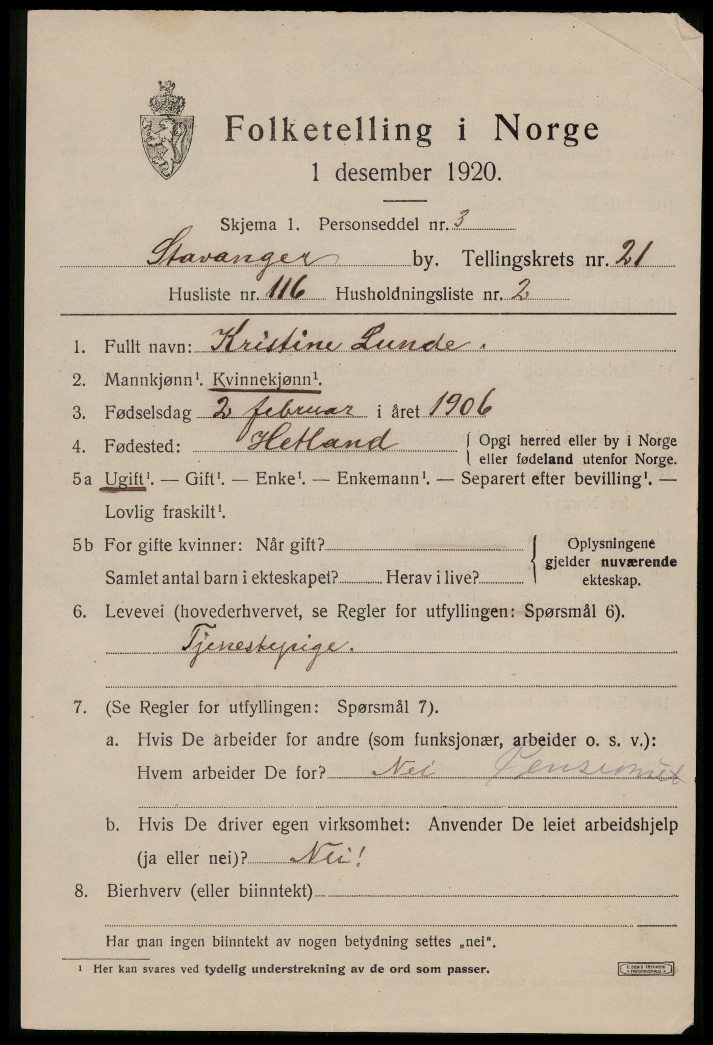 SAST, 1920 census for Stavanger, 1920, p. 73756