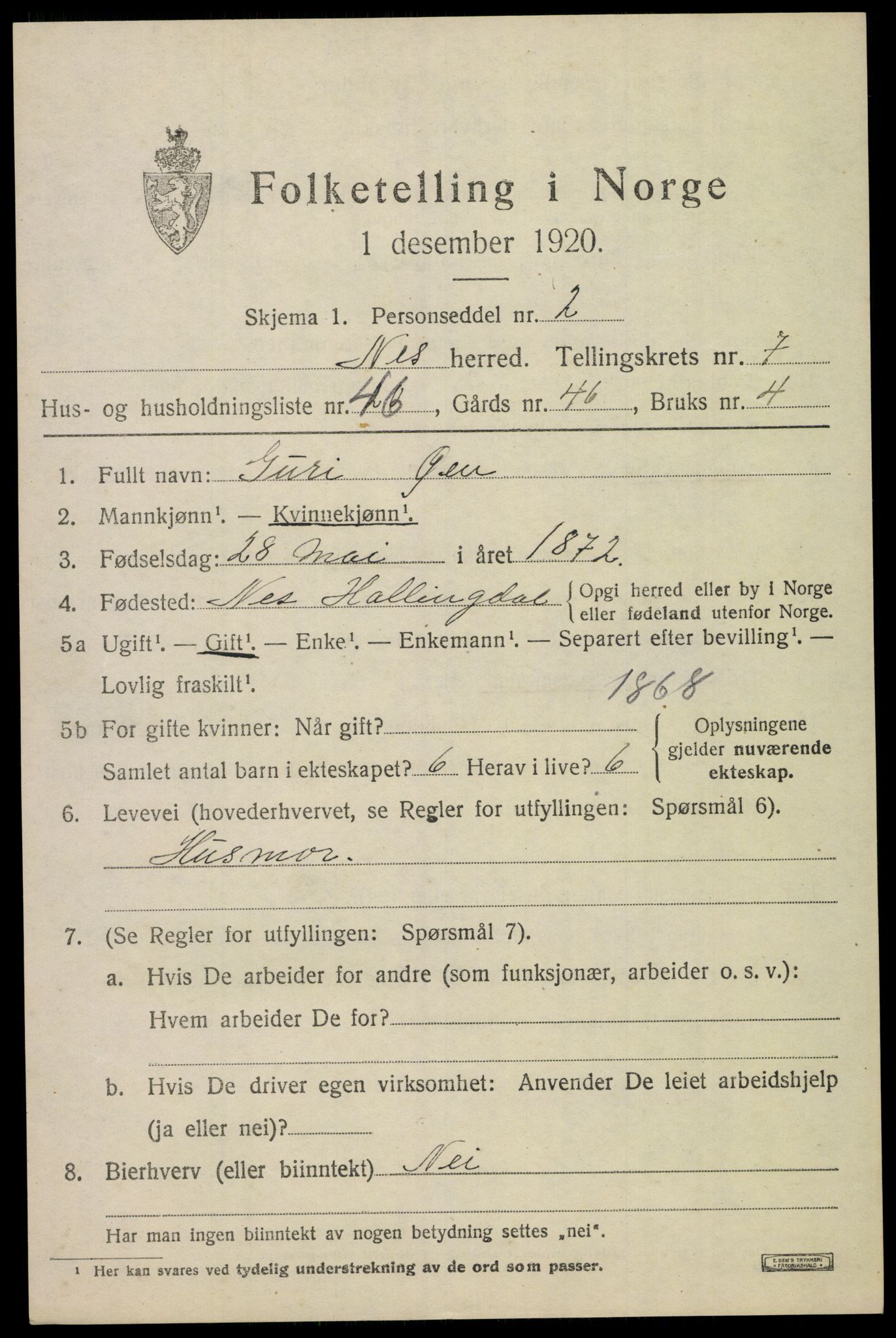 SAKO, 1920 census for Nes (Buskerud), 1920, p. 5018