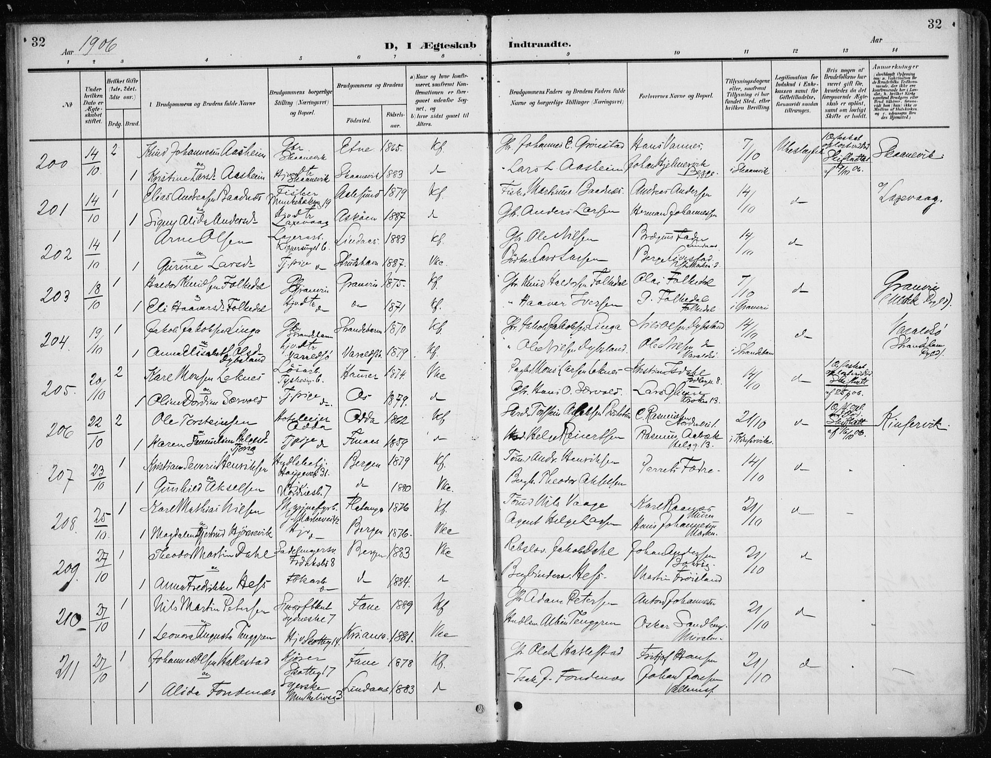 Nykirken Sokneprestembete, AV/SAB-A-77101/H/Haa/L0035: Parish register (official) no. D 5, 1905-1913, p. 32
