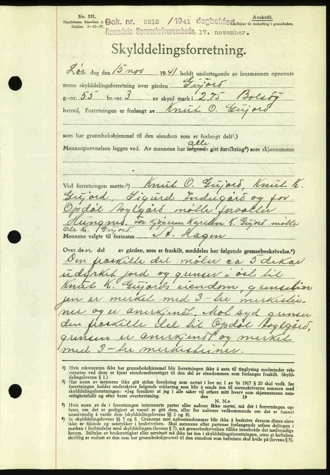 Romsdal sorenskriveri, AV/SAT-A-4149/1/2/2C: Mortgage book no. A11, 1941-1942, Diary no: : 2212/1941