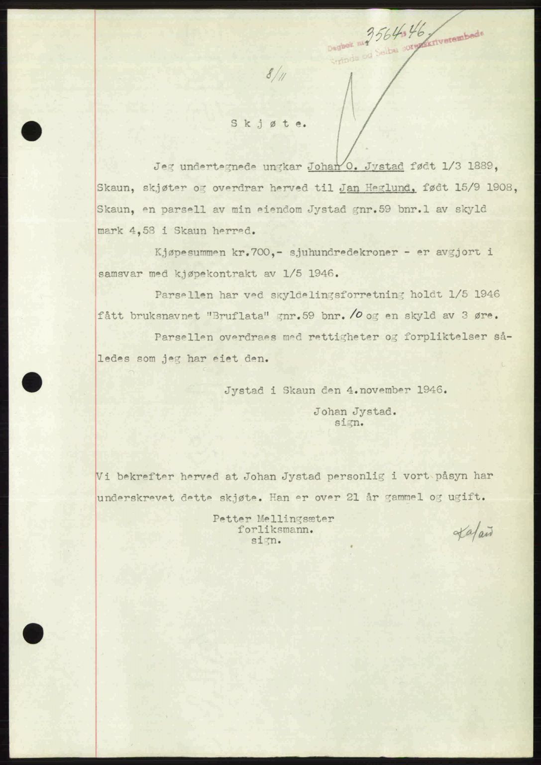 Strinda og Selbu sorenskriveri, AV/SAT-A-0015/2/2C: Mortgage book no. A11, 1946-1947, Diary no: : 3564/1946