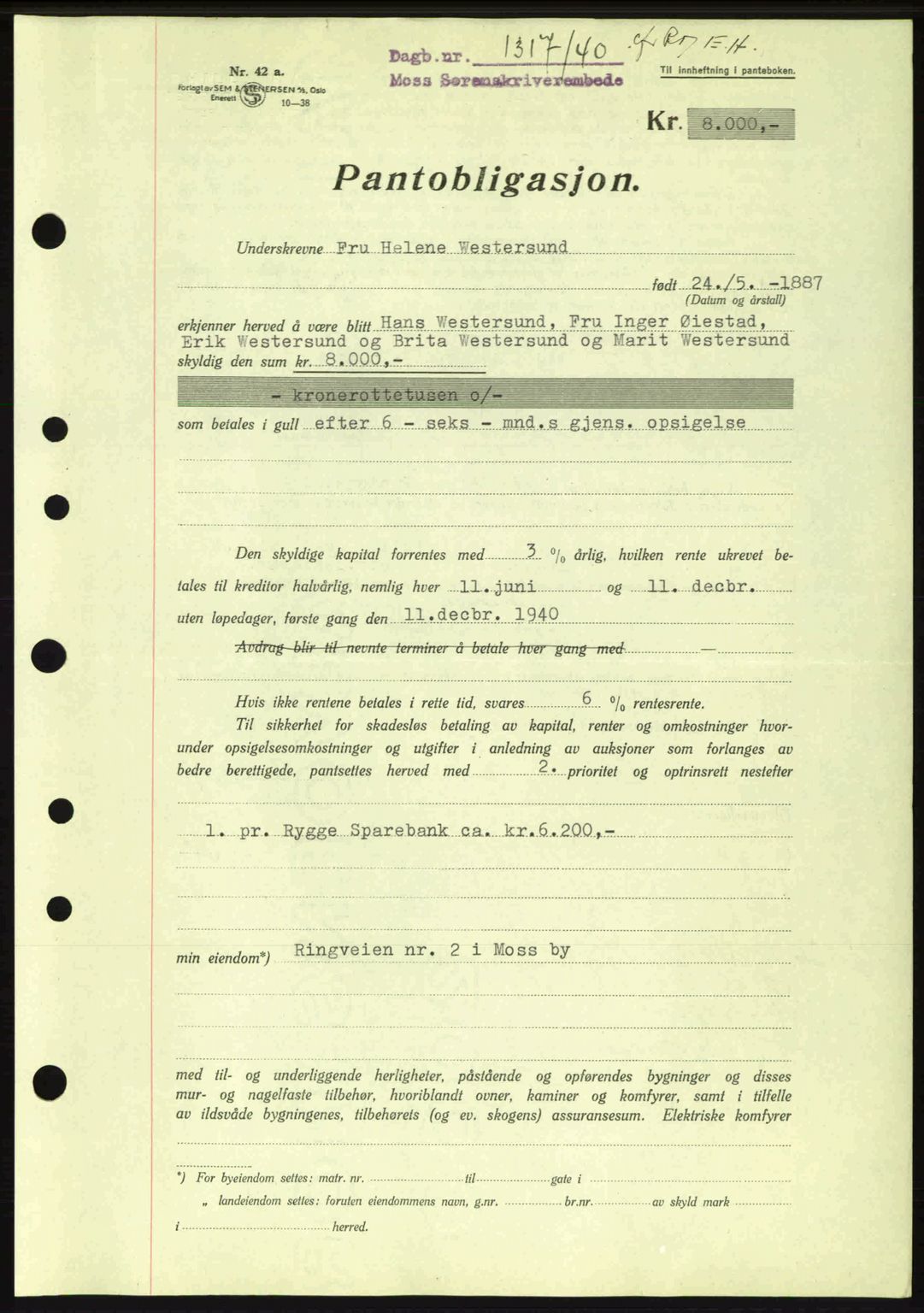 Moss sorenskriveri, SAO/A-10168: Mortgage book no. B10, 1940-1941, Diary no: : 1317/1940