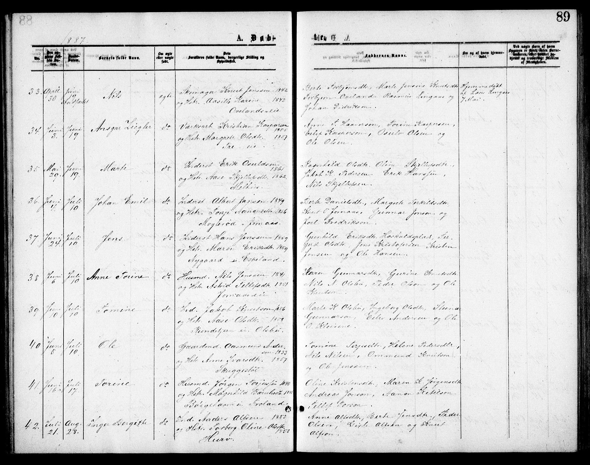 Froland sokneprestkontor, AV/SAK-1111-0013/F/Fb/L0009: Parish register (copy) no. B 9, 1875-1893, p. 89