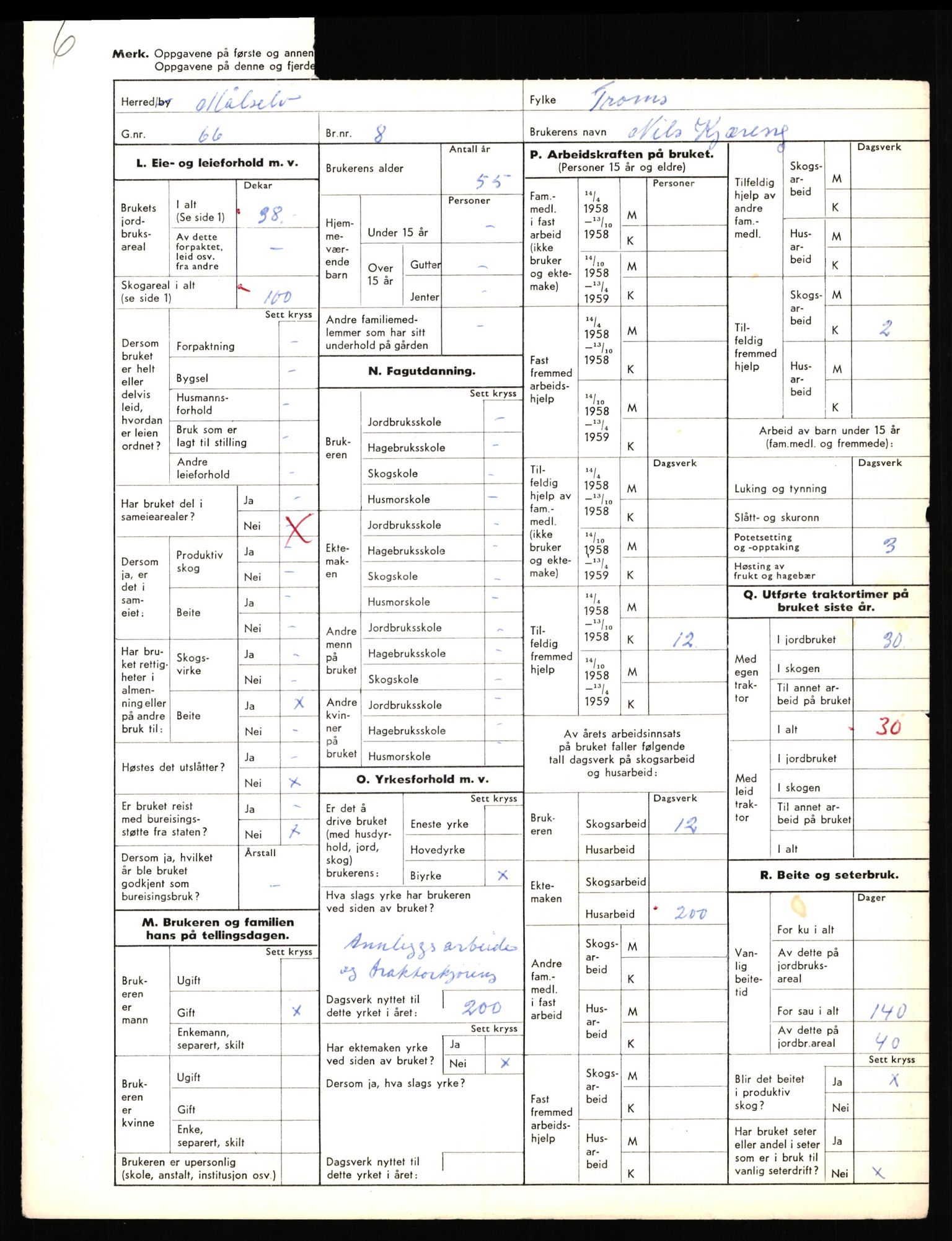 Statistisk sentralbyrå, Næringsøkonomiske emner, Jordbruk, skogbruk, jakt, fiske og fangst, AV/RA-S-2234/G/Gd/L0656: Troms: 1924 Målselv (kl. 0-3) og 1925 Sørreisa, 1959, p. 22