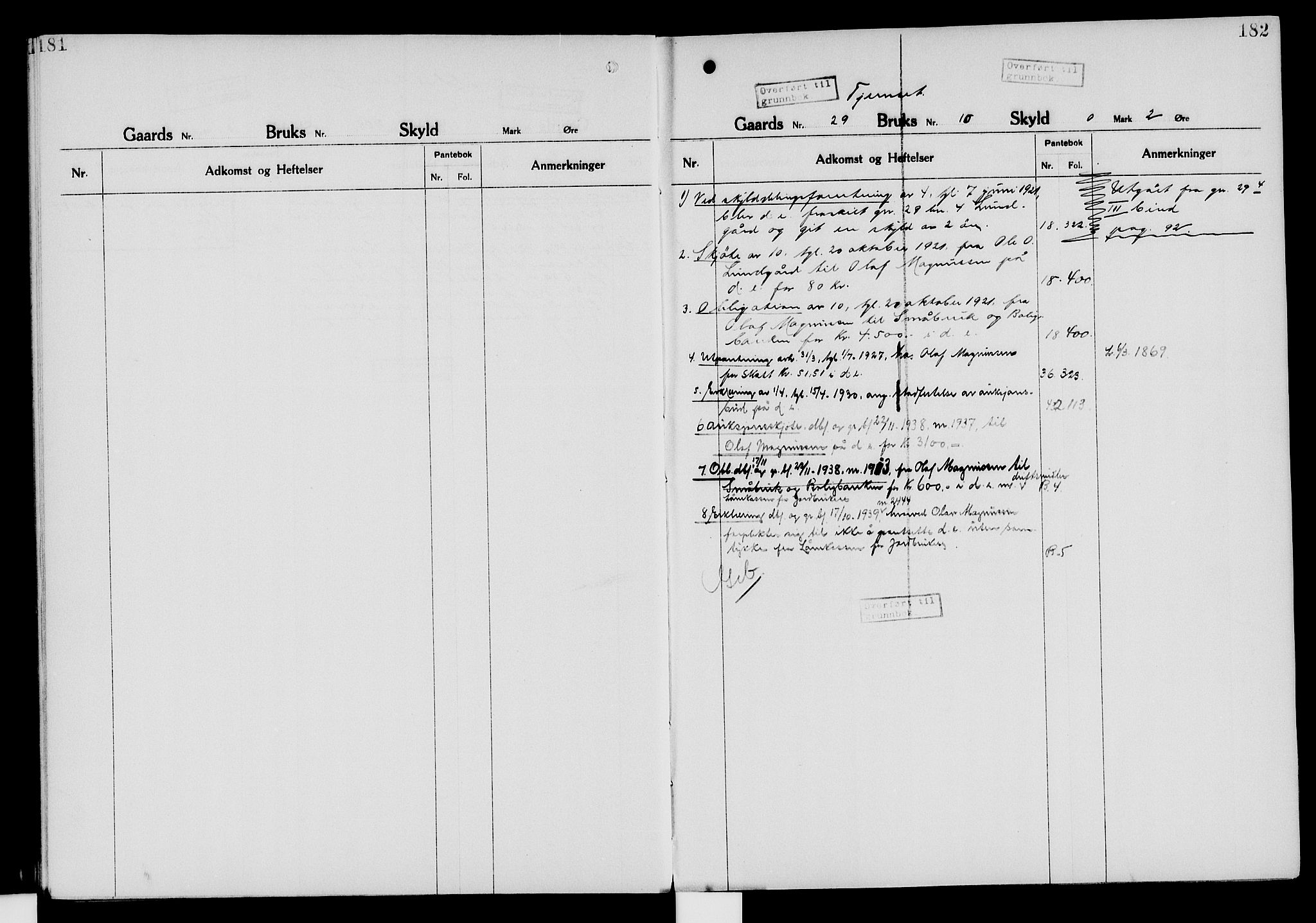 Nord-Hedmark sorenskriveri, SAH/TING-012/H/Ha/Had/Hade/L0006: Mortgage register no. 4.6, 1920-1940, p. 181-182