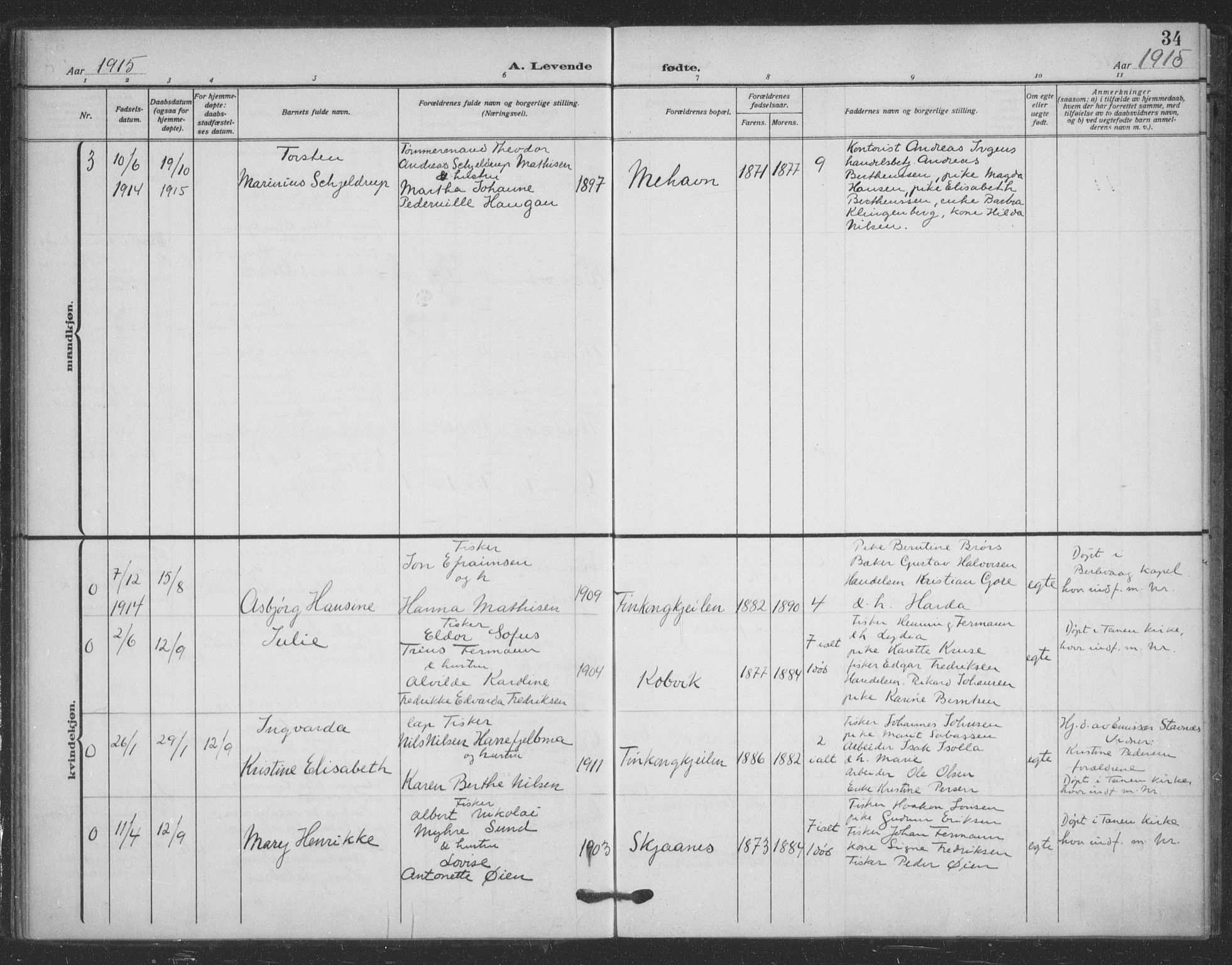 Tana sokneprestkontor, AV/SATØ-S-1334/H/Ha/L0008kirke: Parish register (official) no. 8, 1908-1920, p. 34