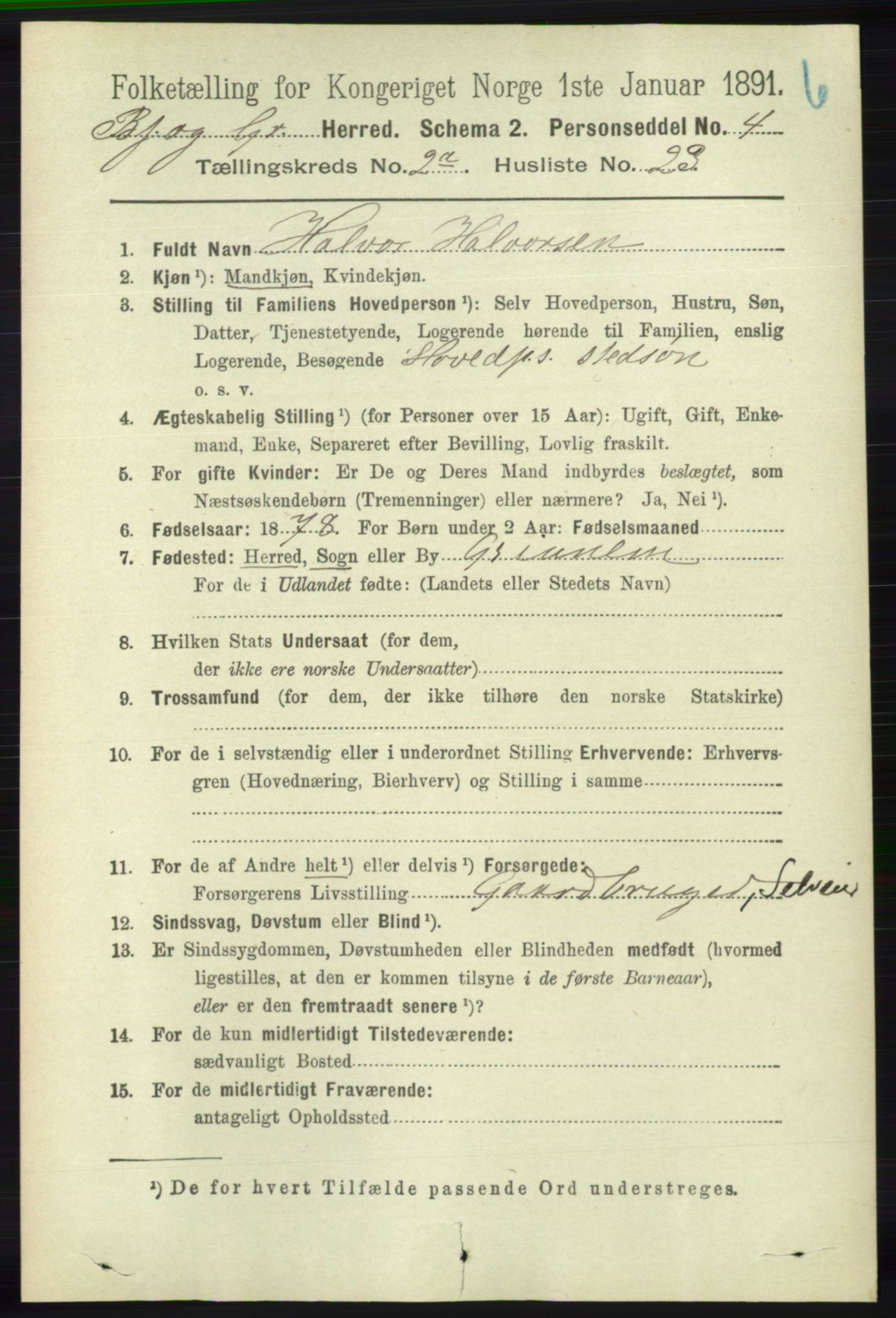 RA, 1891 census for 1024 Bjelland og Grindheim, 1891, p. 447