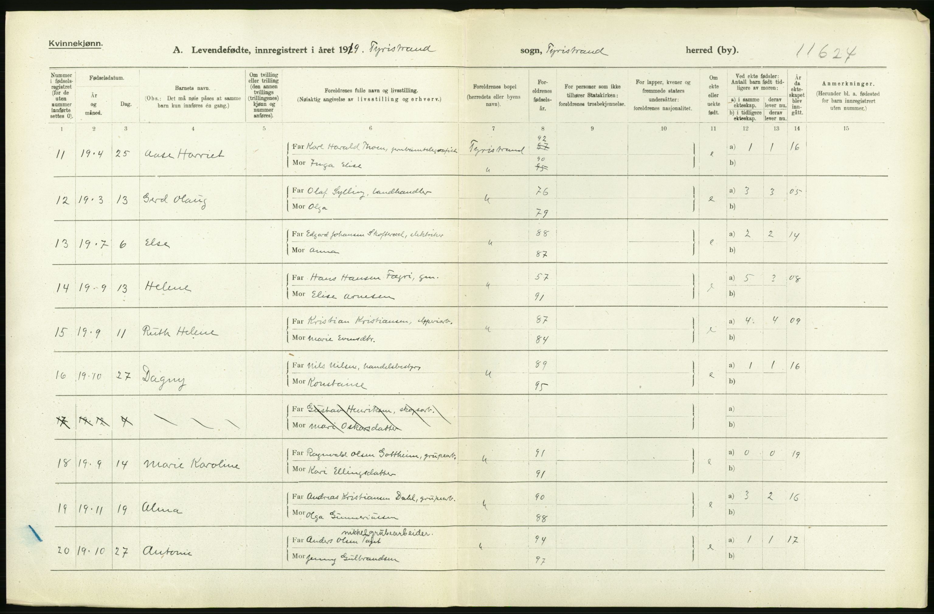 Statistisk sentralbyrå, Sosiodemografiske emner, Befolkning, RA/S-2228/D/Df/Dfb/Dfbi/L0016: Buskerud fylke: Levendefødte menn og kvinner. Bygder., 1919, p. 136