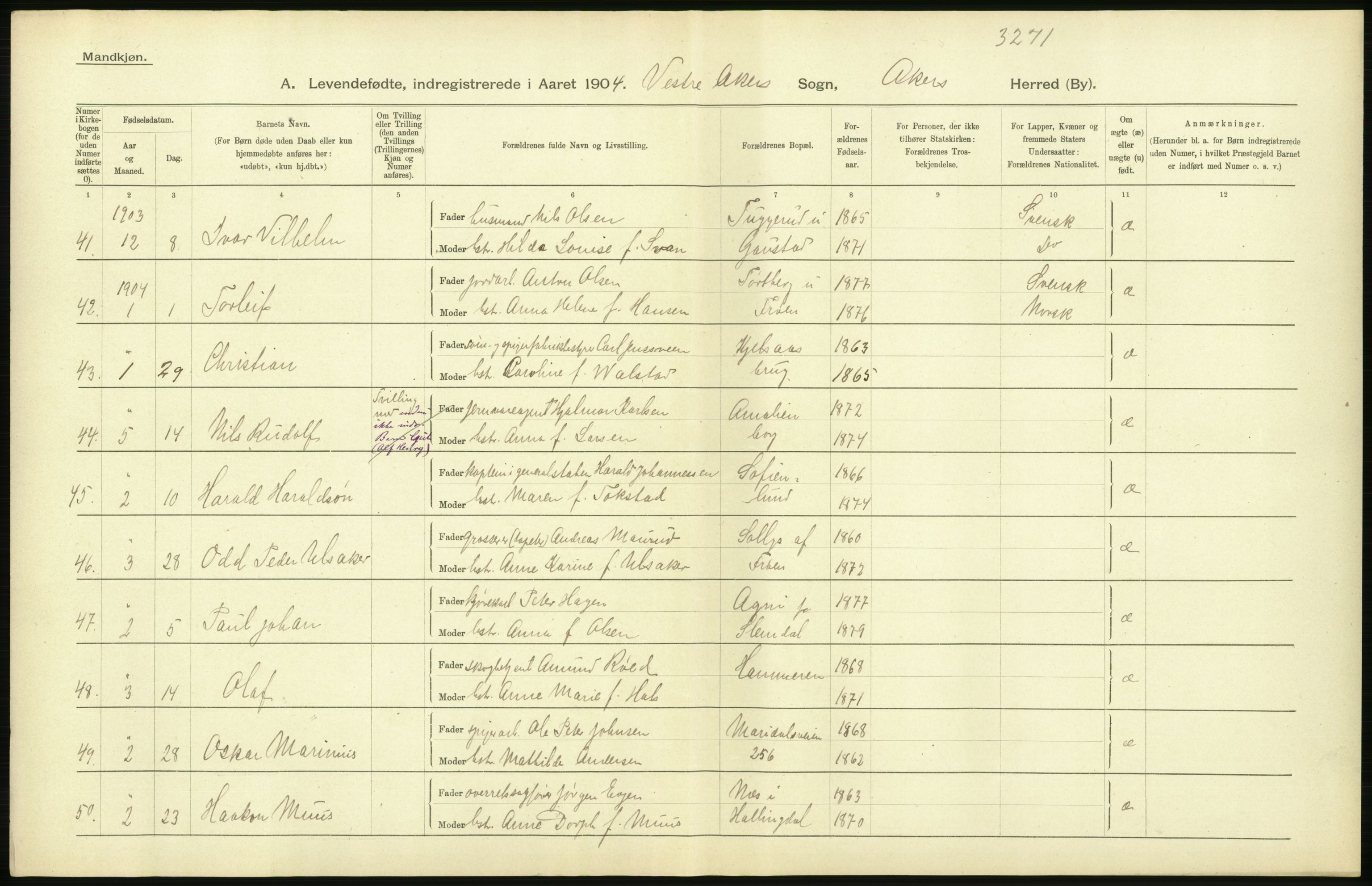 Statistisk sentralbyrå, Sosiodemografiske emner, Befolkning, AV/RA-S-2228/D/Df/Dfa/Dfab/L0002: Akershus amt: Fødte, gifte, døde, 1904, p. 420