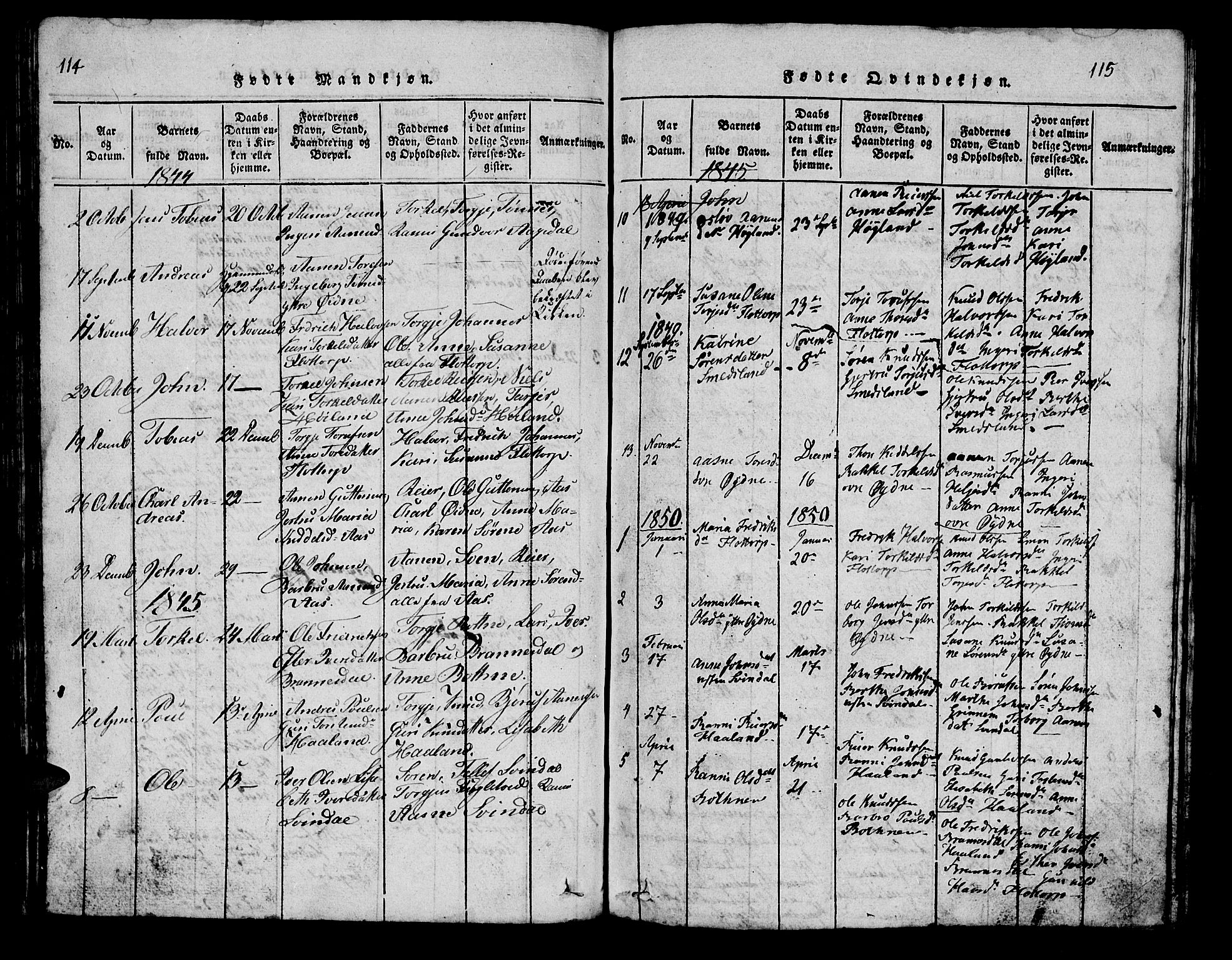 Bjelland sokneprestkontor, SAK/1111-0005/F/Fb/Fbc/L0001: Parish register (copy) no. B 1, 1815-1870, p. 114-115