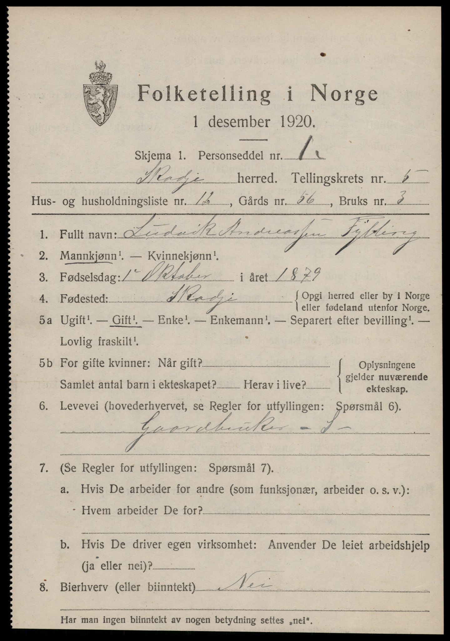 SAT, 1920 census for Skodje, 1920, p. 2395