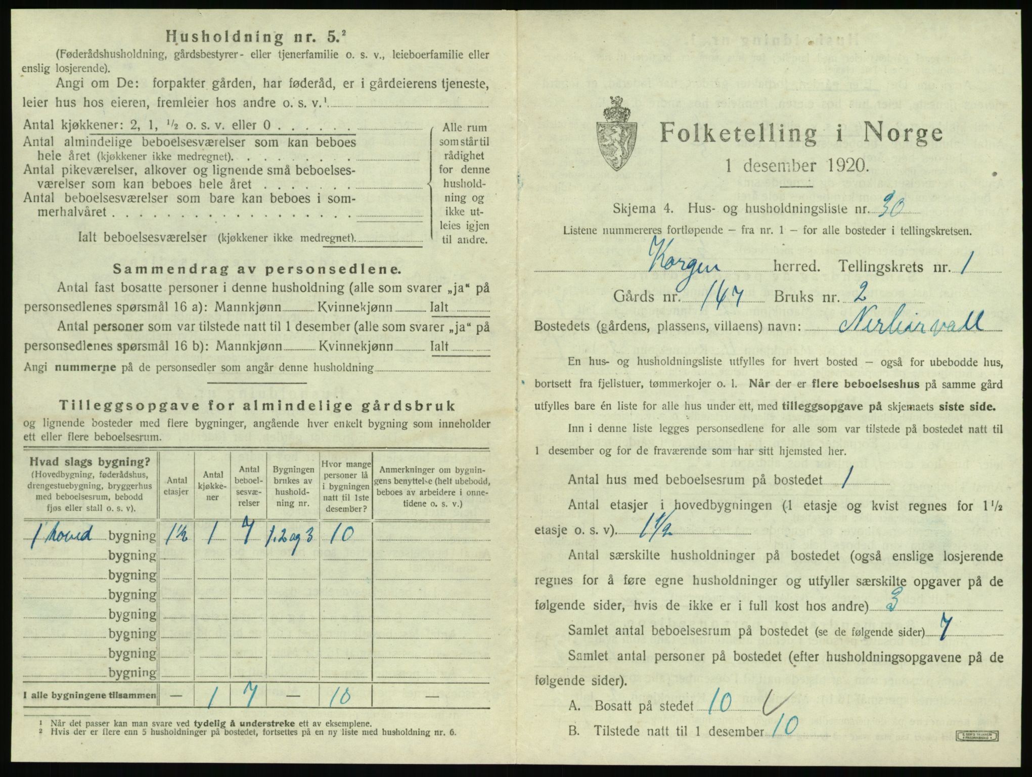 SAT, 1920 census for Korgen, 1920, p. 92