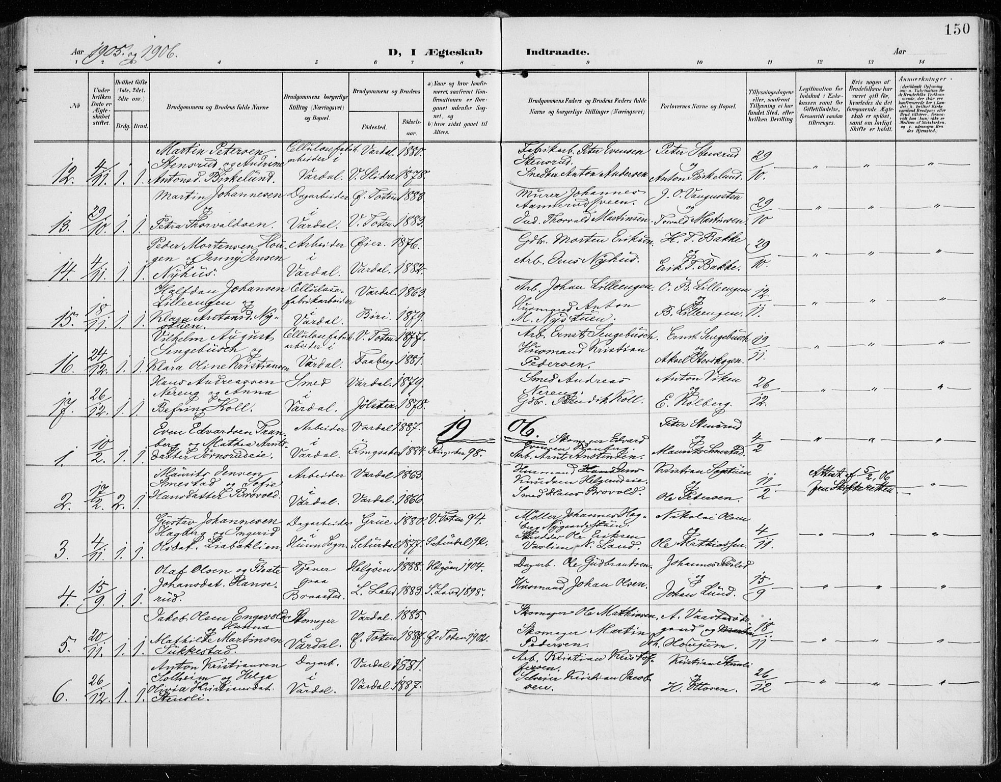 Vardal prestekontor, SAH/PREST-100/H/Ha/Haa/L0016: Parish register (official) no. 16, 1904-1916, p. 150