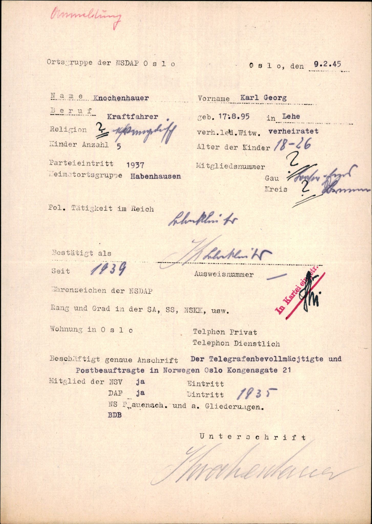 Forsvarets Overkommando. 2 kontor. Arkiv 11.4. Spredte tyske arkivsaker, AV/RA-RAFA-7031/D/Dar/Darb/L0015: Reichskommissariat - NSDAP in Norwegen, 1938-1945, p. 385