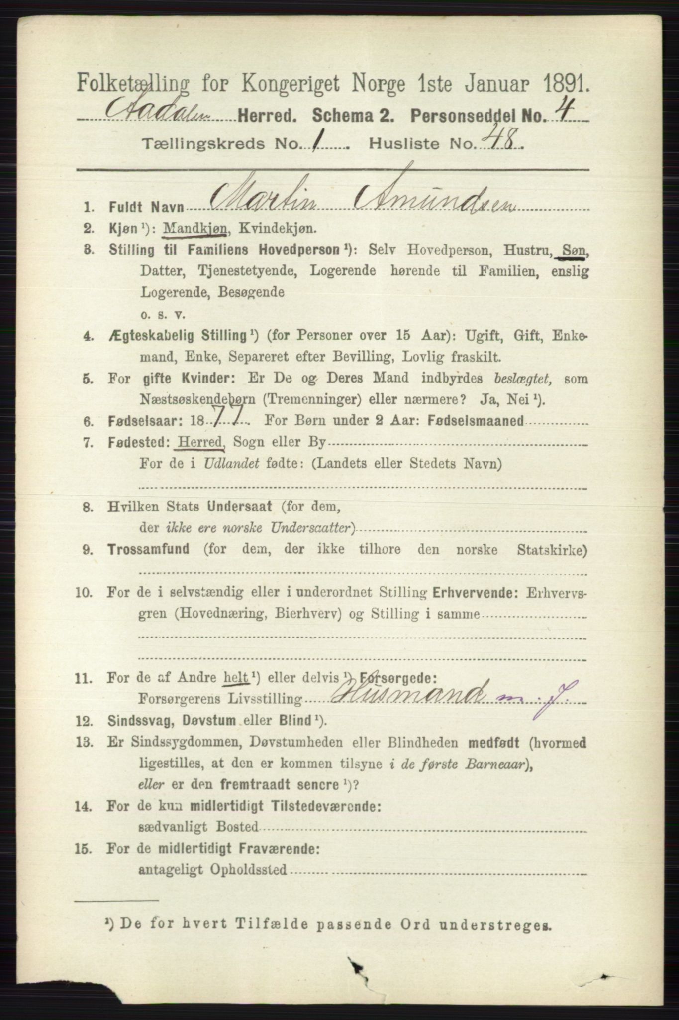 RA, 1891 census for 0614 Ådal, 1891, p. 583