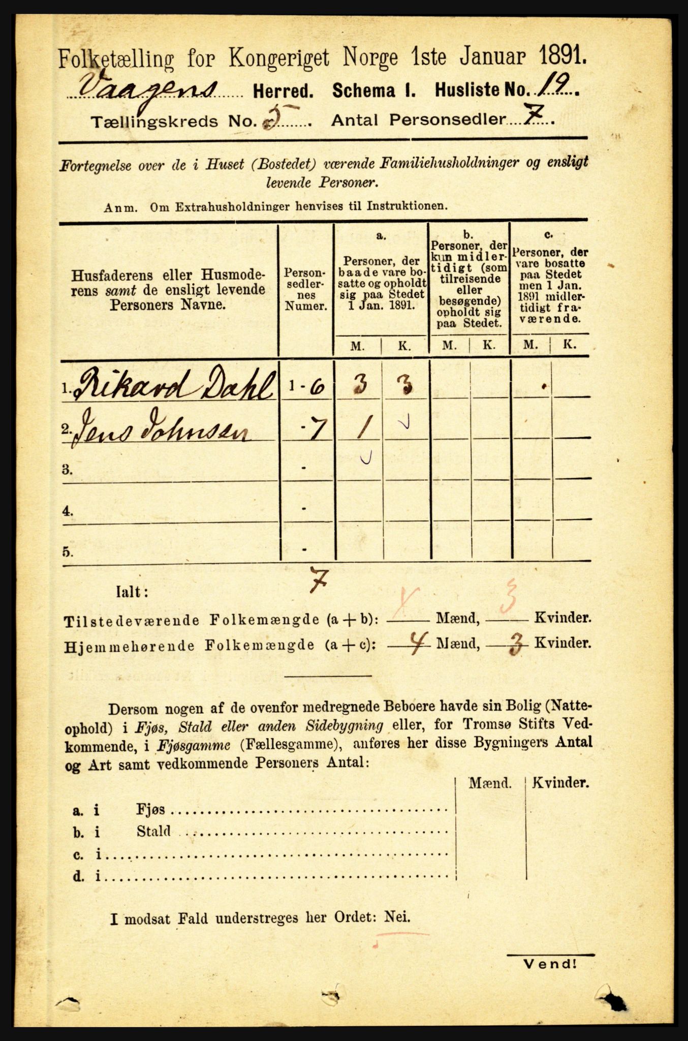 RA, 1891 census for 1865 Vågan, 1891, p. 1568