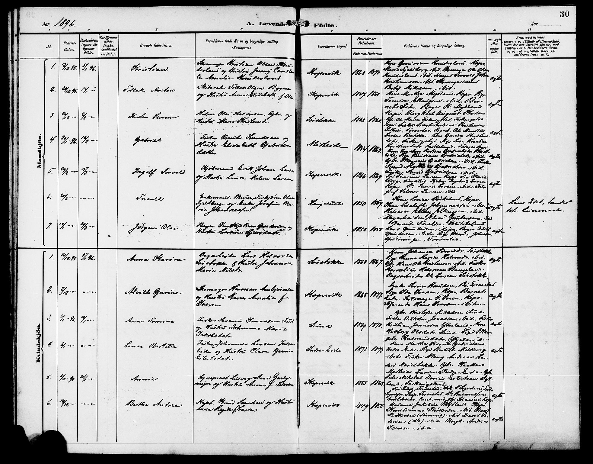 Kopervik sokneprestkontor, AV/SAST-A-101850/H/Ha/Hab/L0003: Parish register (copy) no. B 3, 1891-1909, p. 30