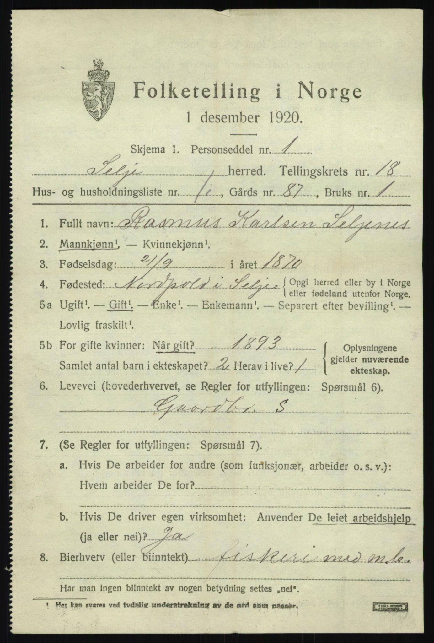 SAB, 1920 census for Selje, 1920, p. 7839