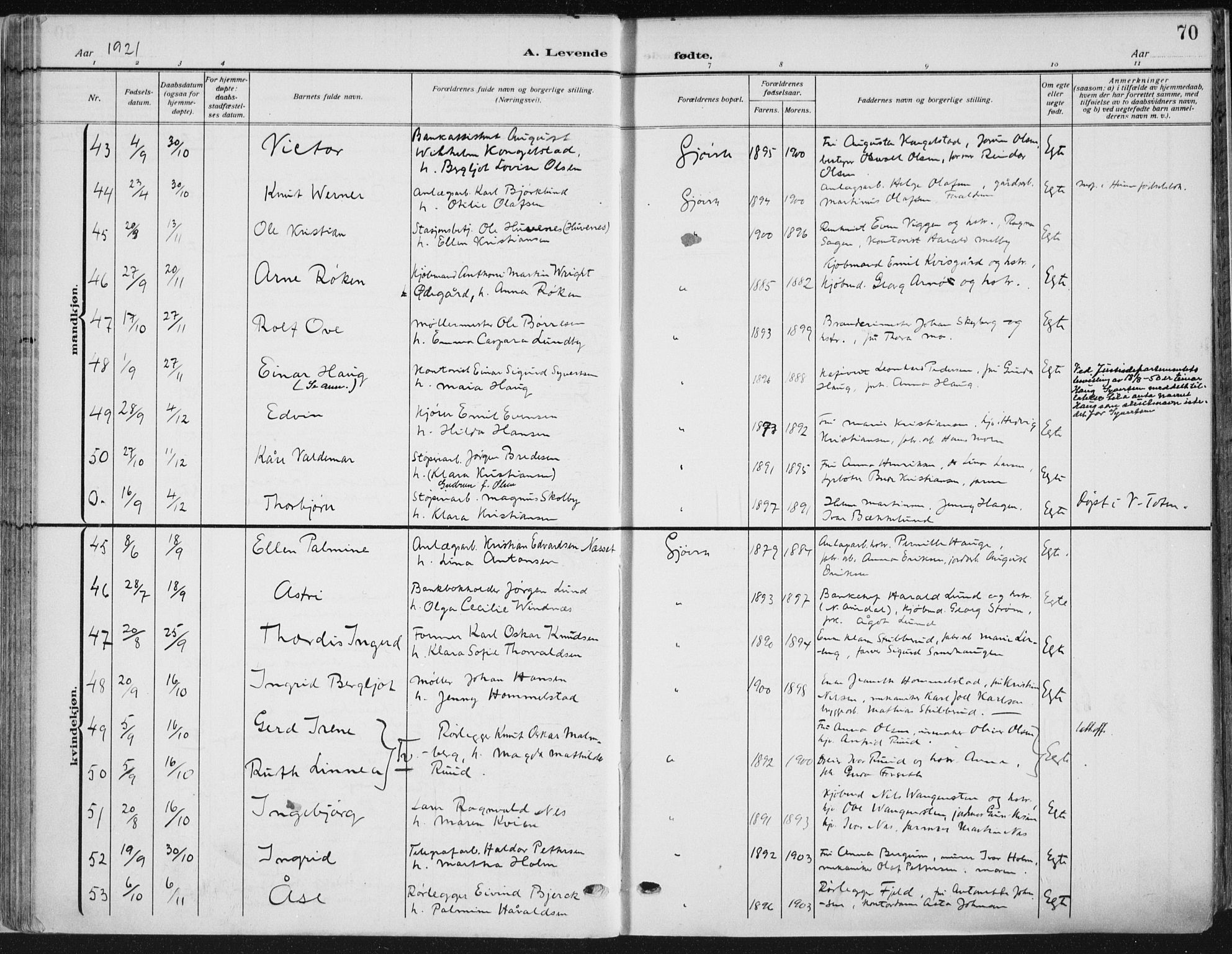 Vardal prestekontor, AV/SAH-PREST-100/H/Ha/Haa/L0014: Parish register (official) no. 14, 1912-1922, p. 70