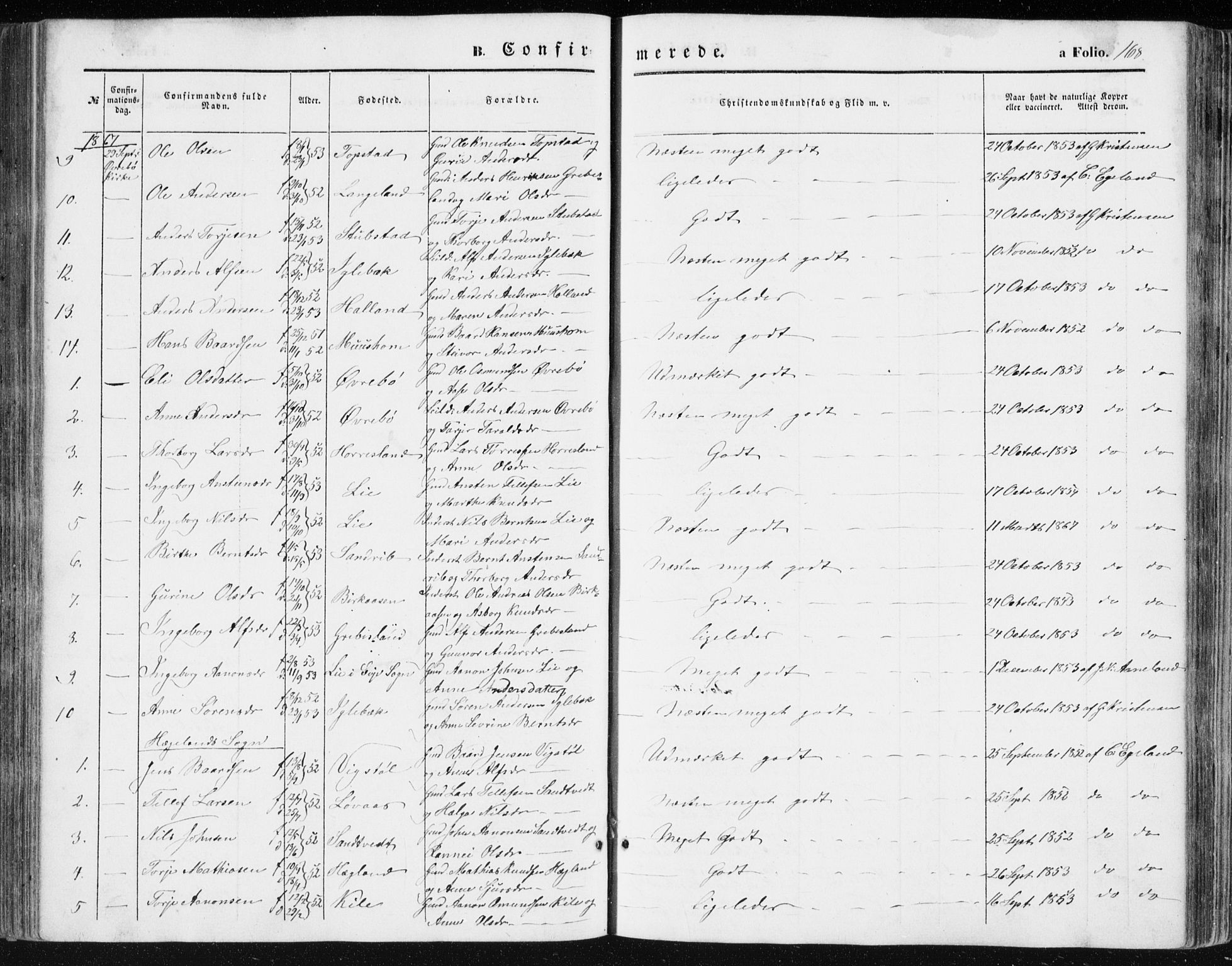 Vennesla sokneprestkontor, AV/SAK-1111-0045/Fa/Fac/L0007: Parish register (official) no. A 7, 1855-1873, p. 168