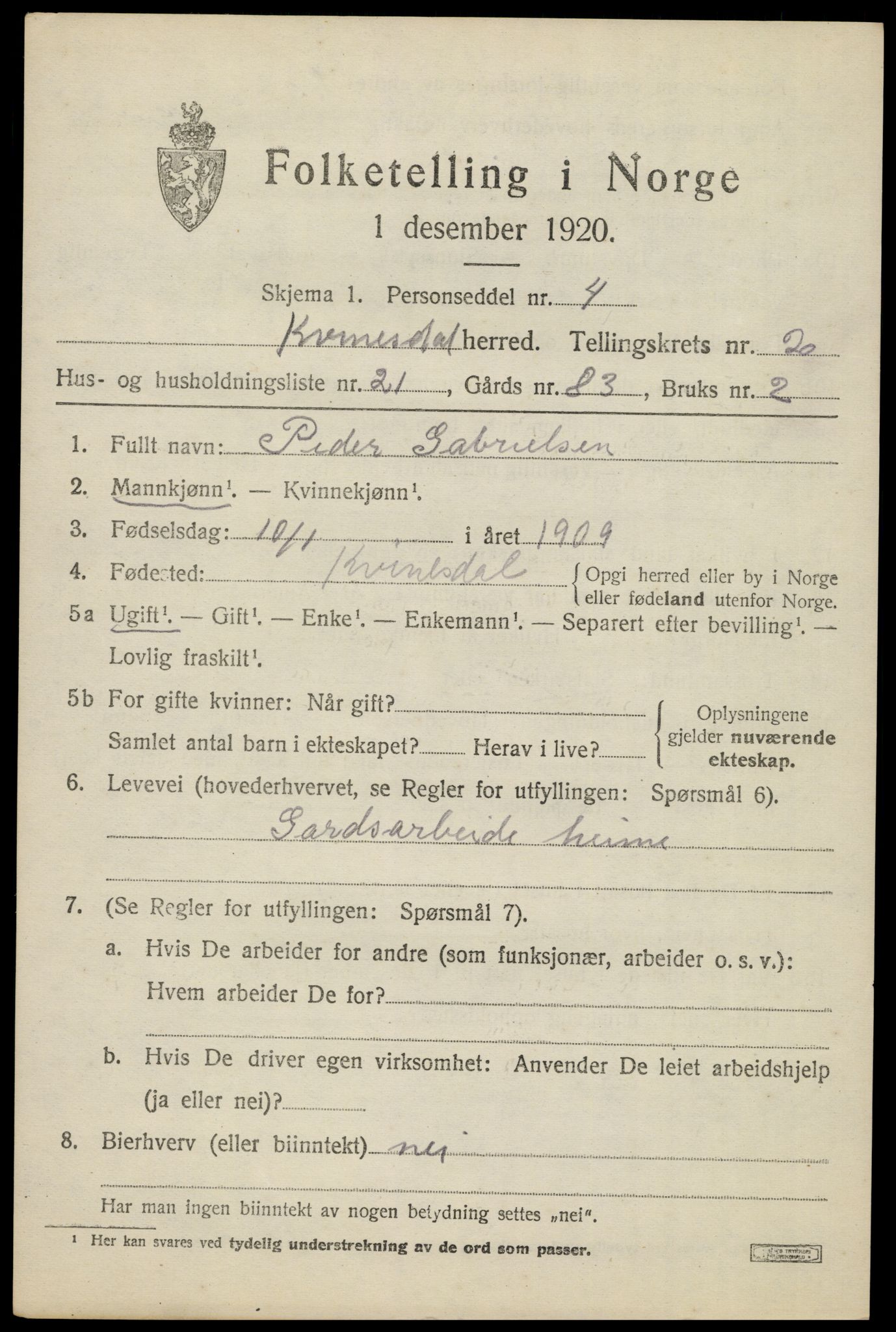 SAK, 1920 census for Kvinesdal, 1920, p. 2109