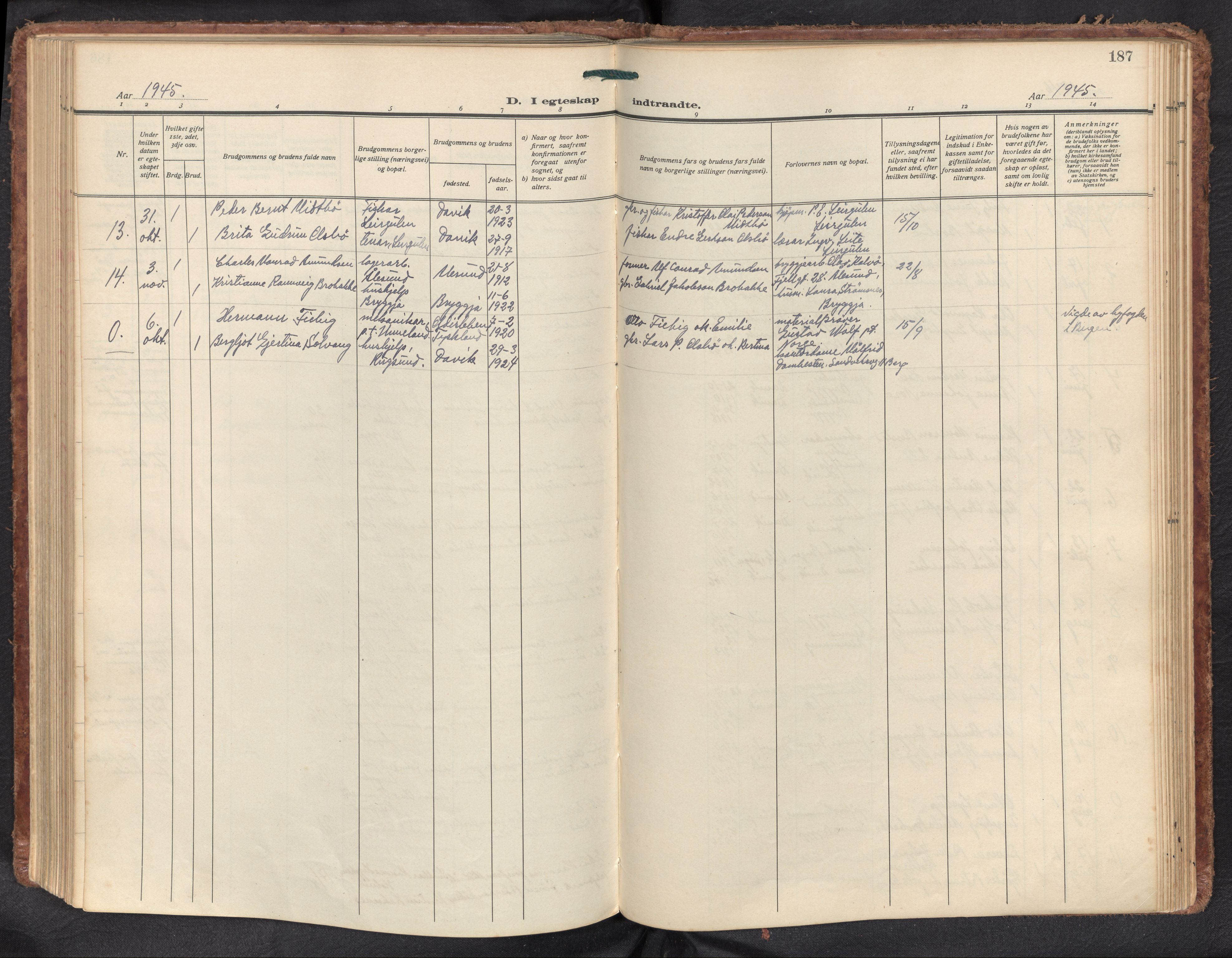 Davik sokneprestembete, AV/SAB-A-79701/H/Haa/Haad/L0003: Parish register (official) no. D 3, 1931-1952, p. 186b-187a