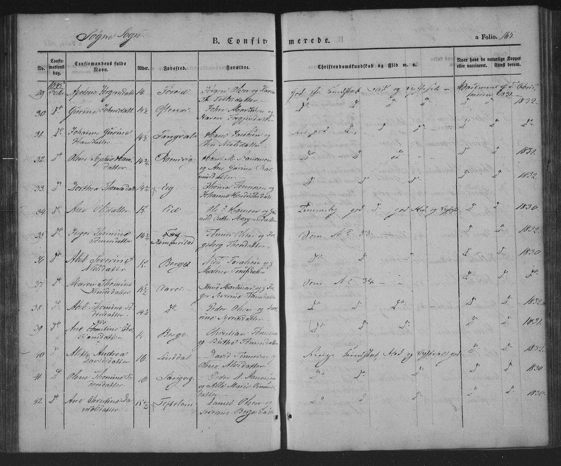 Søgne sokneprestkontor, SAK/1111-0037/F/Fa/Fab/L0009: Parish register (official) no. A 9, 1838-1853, p. 165