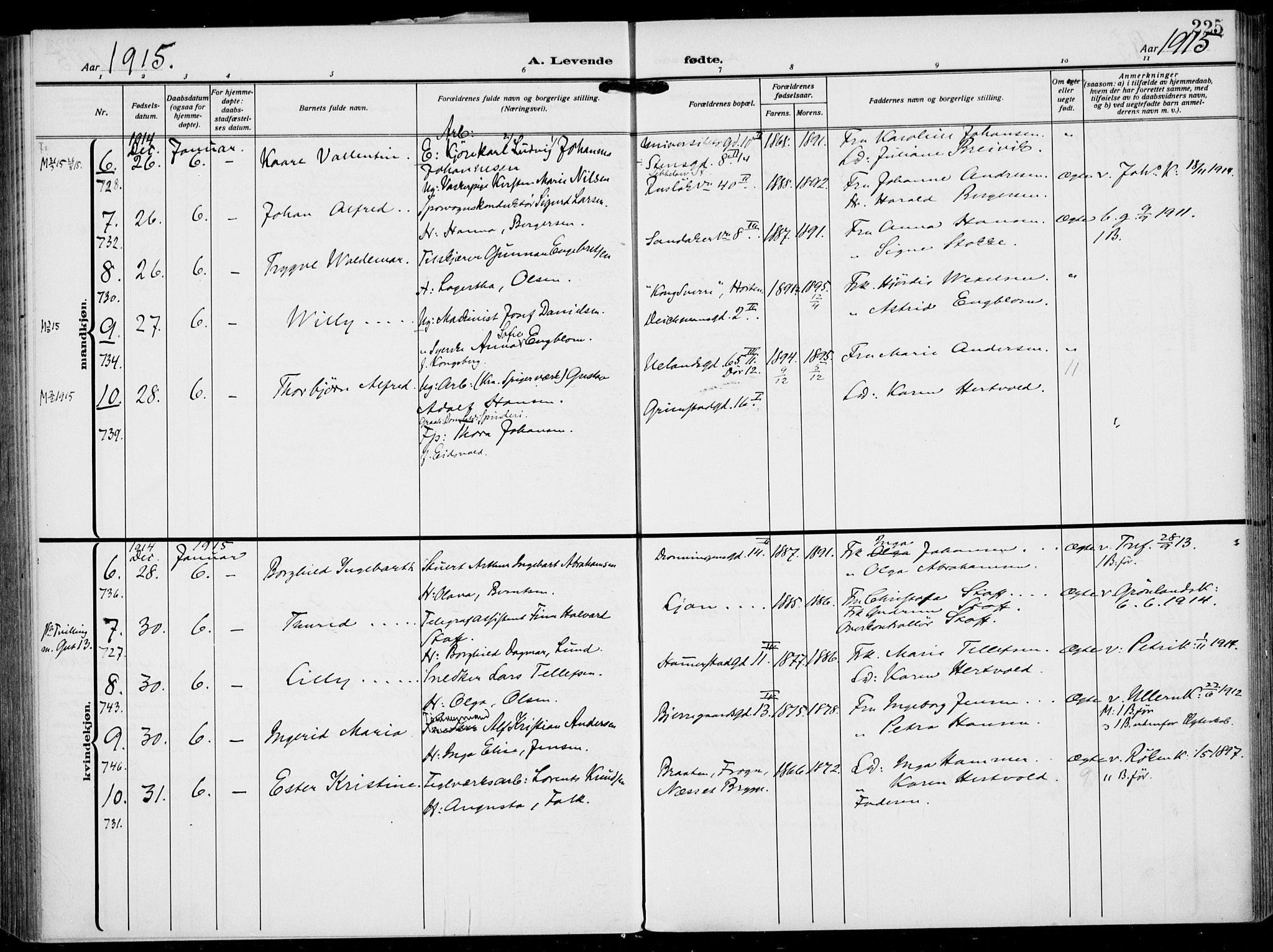 Rikshospitalet prestekontor Kirkebøker, SAO/A-10309b/F/L0015: Parish register (official) no. 15, 1913-1915, p. 225
