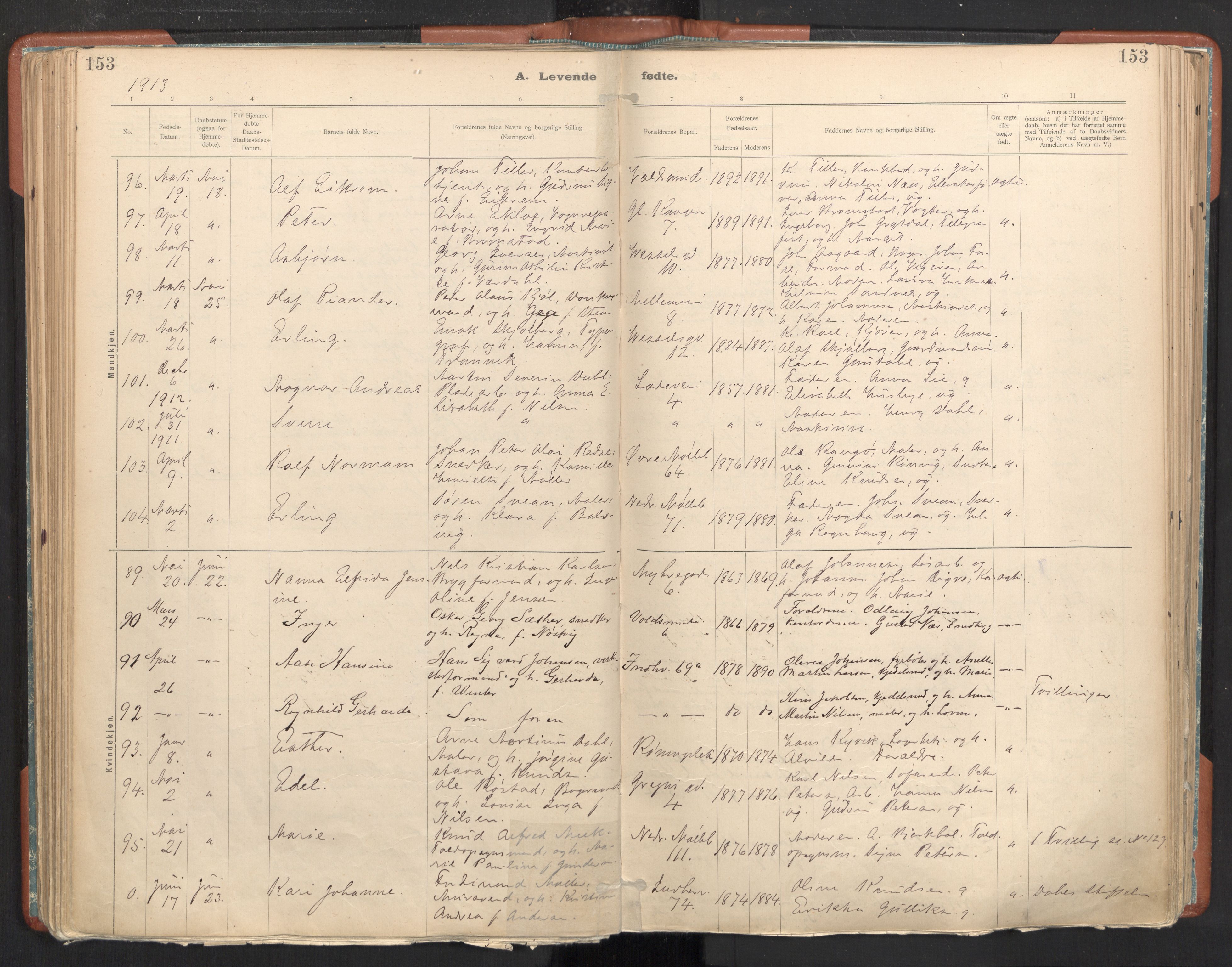 Ministerialprotokoller, klokkerbøker og fødselsregistre - Sør-Trøndelag, SAT/A-1456/605/L0243: Parish register (official) no. 605A05, 1908-1923, p. 153