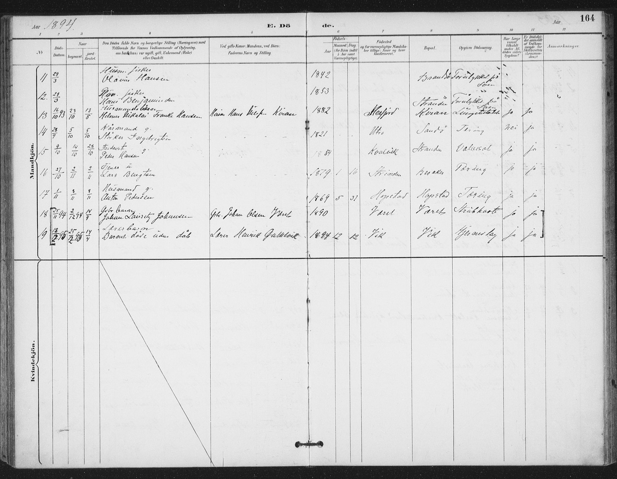 Ministerialprotokoller, klokkerbøker og fødselsregistre - Sør-Trøndelag, AV/SAT-A-1456/657/L0708: Parish register (official) no. 657A09, 1894-1904, p. 164