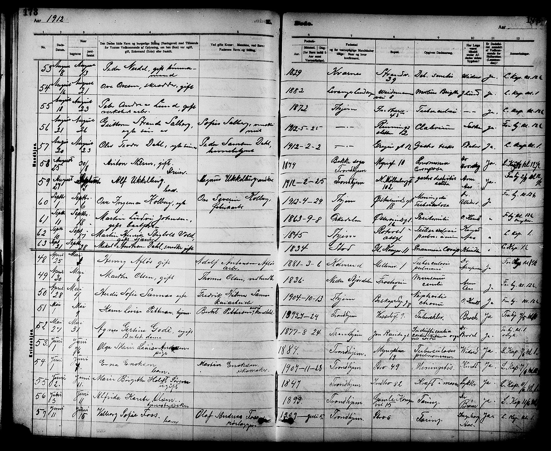 Ministerialprotokoller, klokkerbøker og fødselsregistre - Sør-Trøndelag, AV/SAT-A-1456/605/L0255: Parish register (copy) no. 605C02, 1908-1918, p. 173