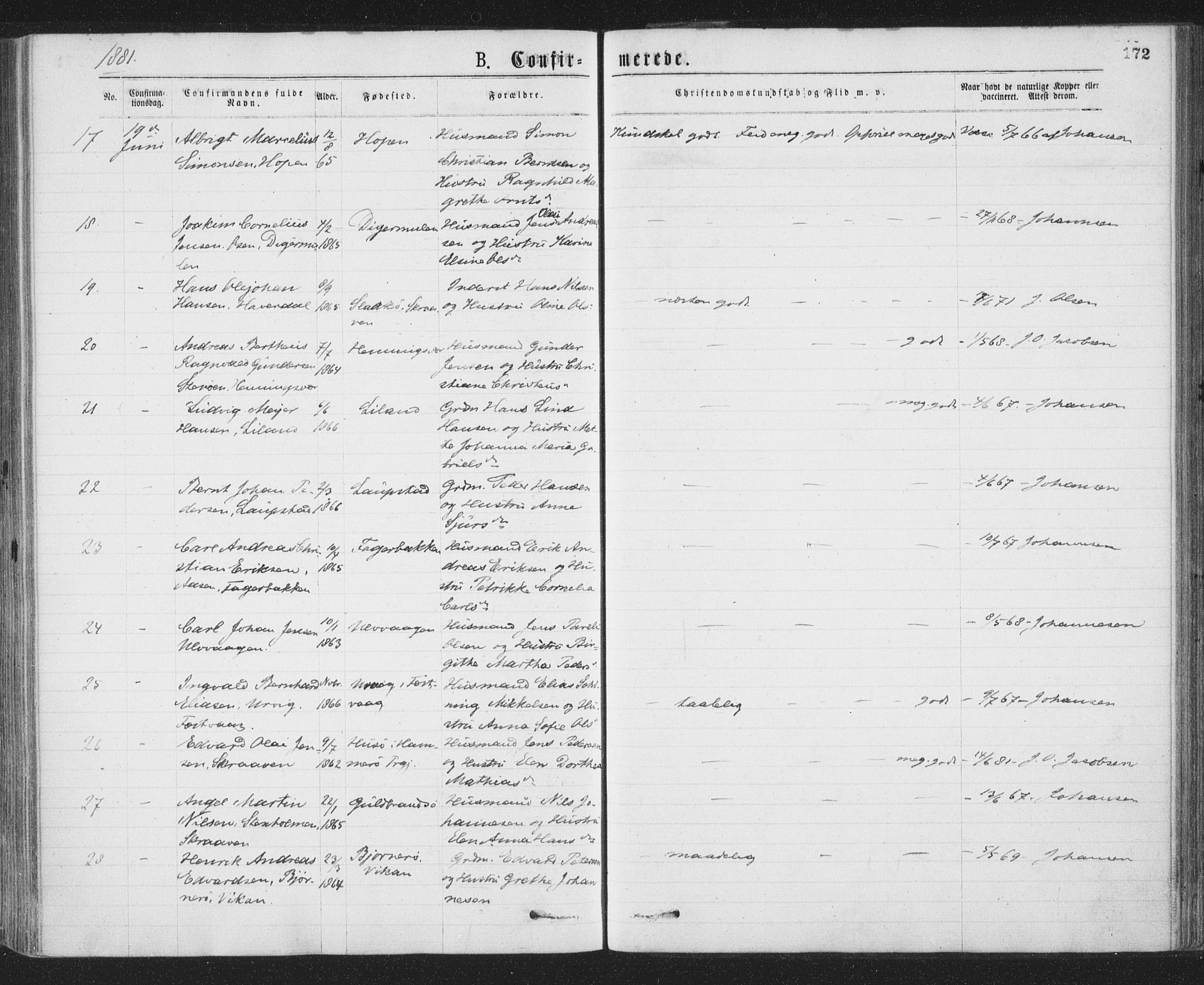 Ministerialprotokoller, klokkerbøker og fødselsregistre - Nordland, SAT/A-1459/874/L1058: Parish register (official) no. 874A02, 1878-1883, p. 172